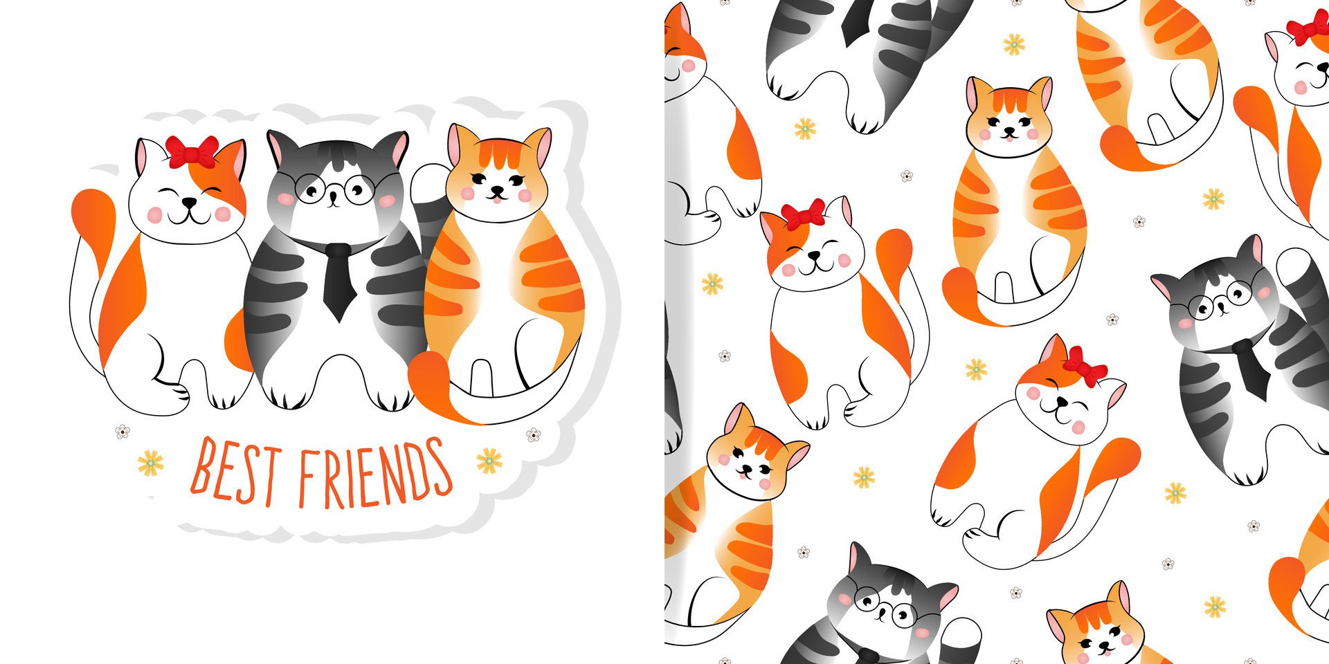 Set of card and seamless pattern with grey and red striped cats on white background. Illustration for children, fabric. Free Vector