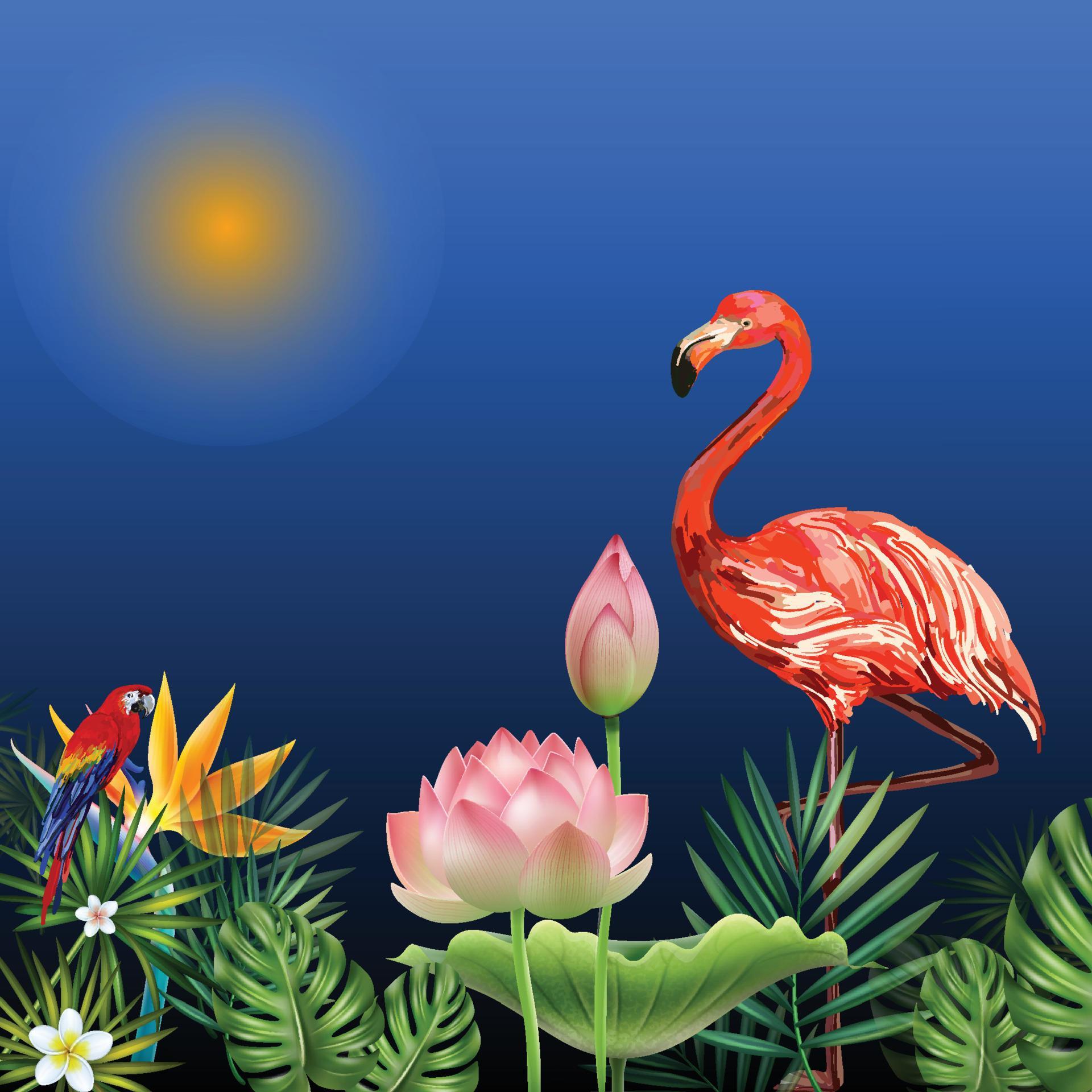 Flamingo Bird and Tropical lotus Flowers Background Stock Free