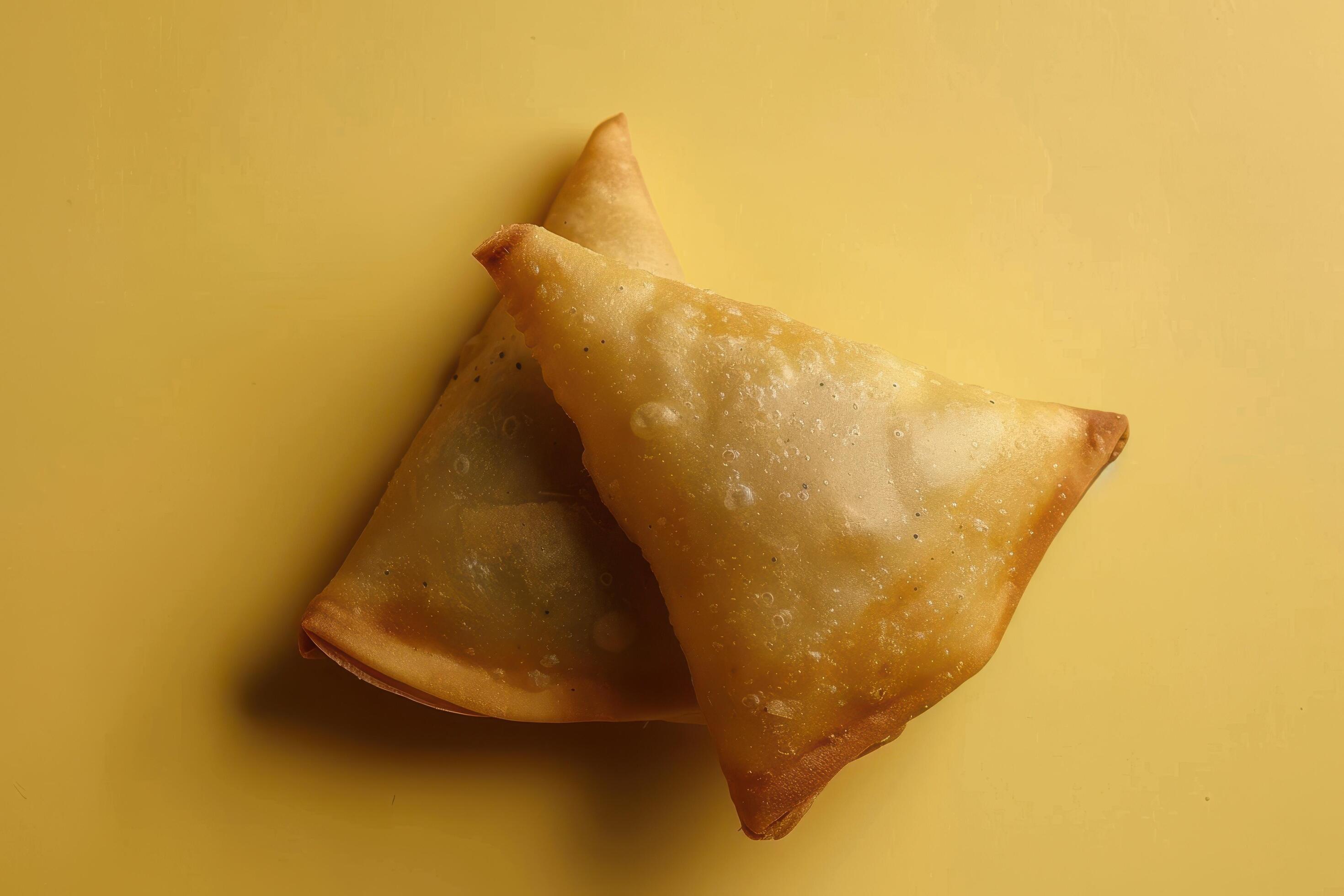 Two Golden Brown Samosas on Yellow Background Stock Free