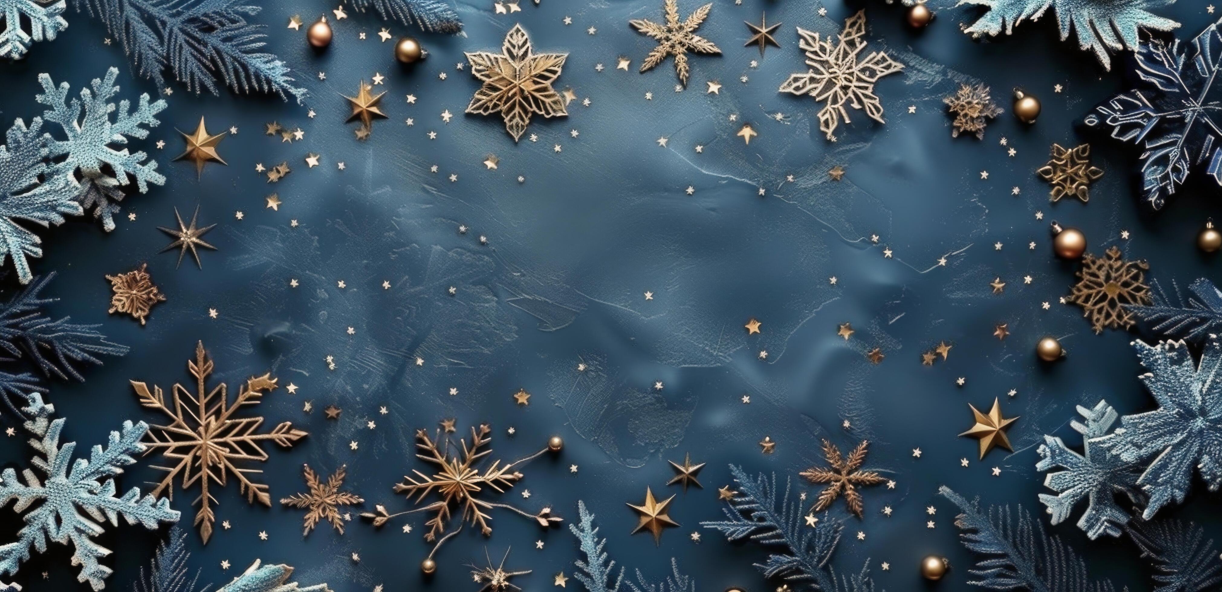 Gold Snowflakes on Dark Blue Background Stock Free