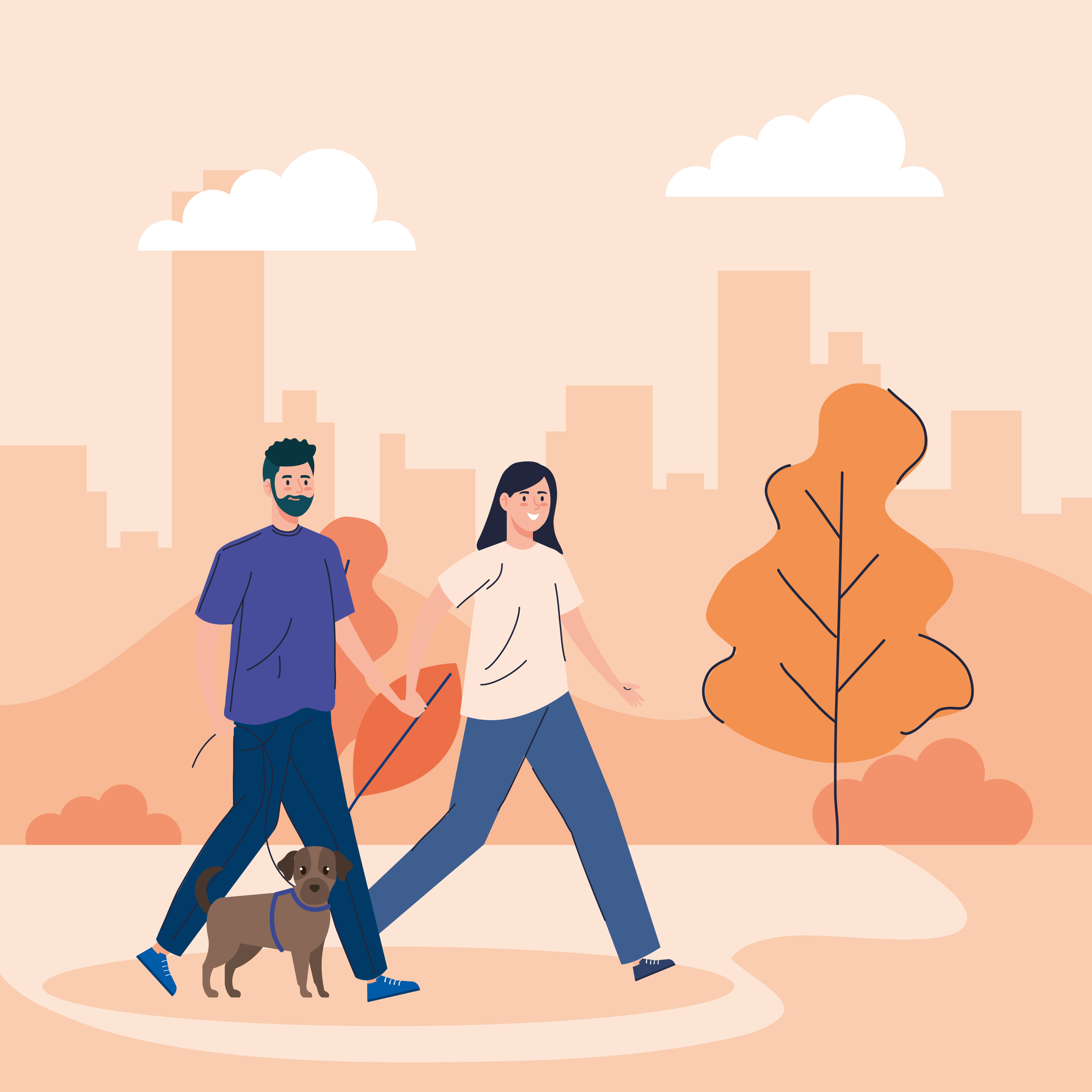 People walking their dogs outdoors Free Vector