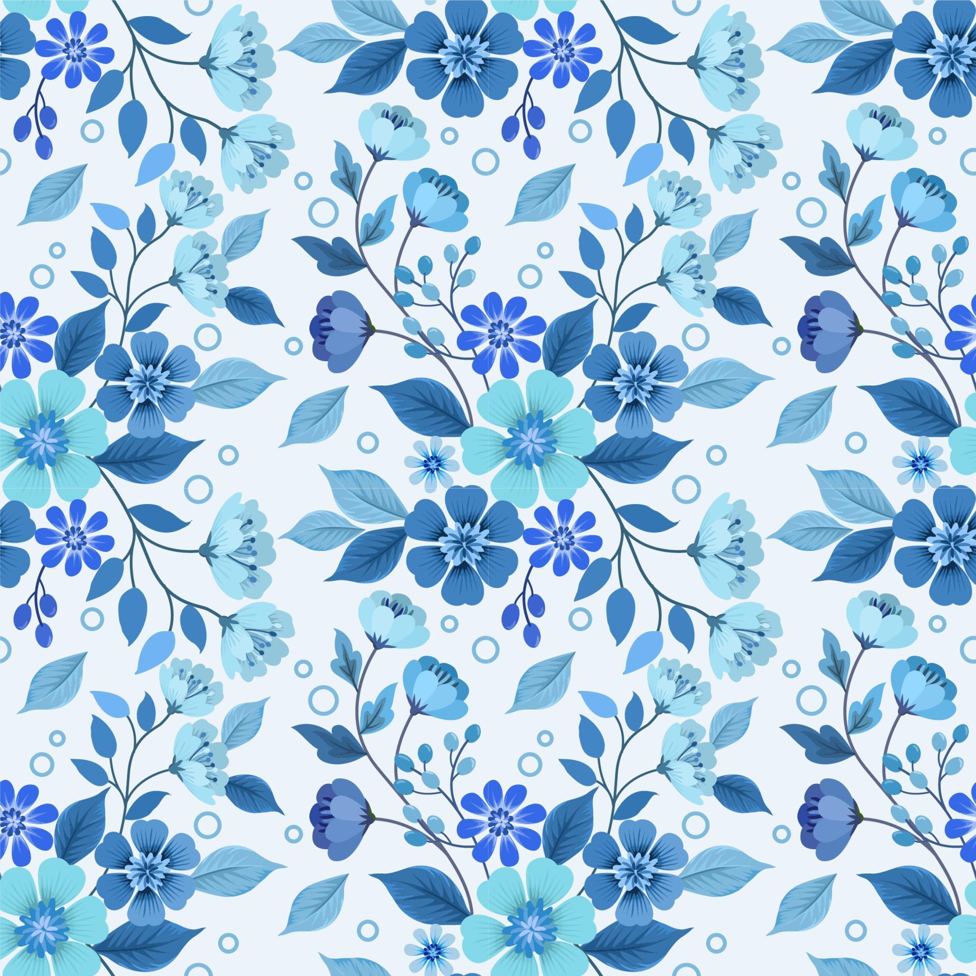 Blue monochrome flowers and leaf seamless pattern. Stock Free