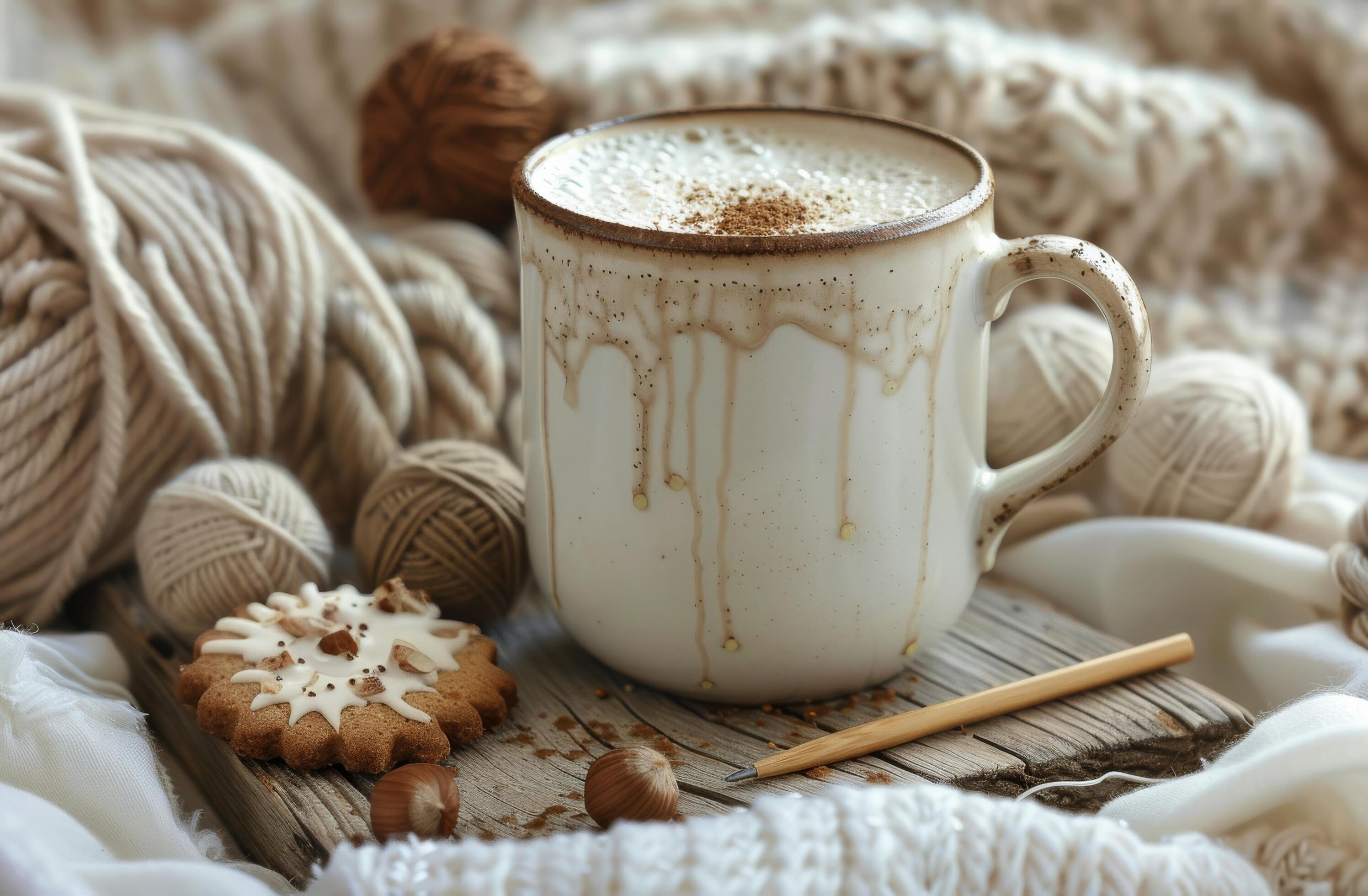 Cozy Winter Morning With Coffee, Yarn, and Nuts Stock Free