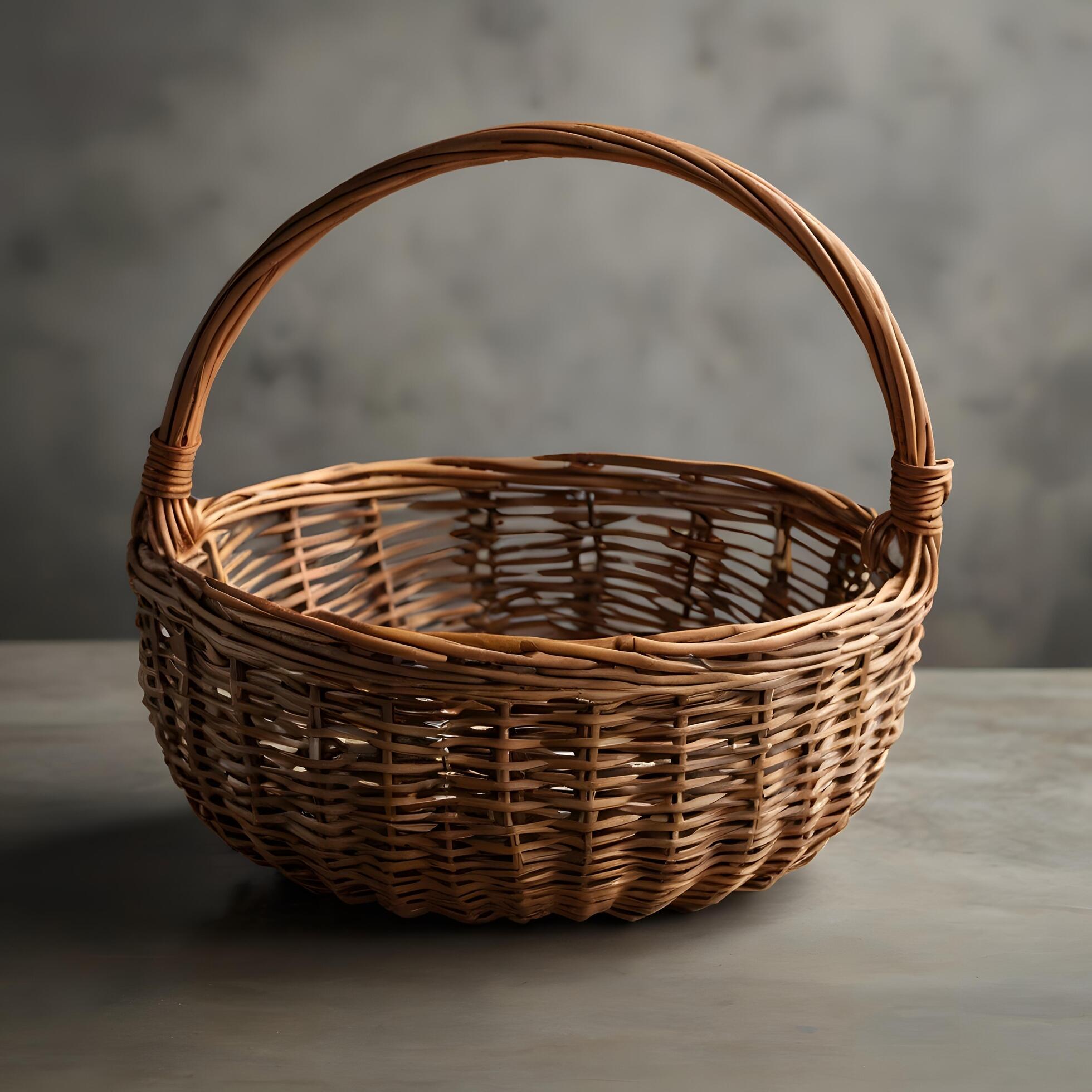 Empty wooden wicker basket, fruit or bread basket on white background Stock Free