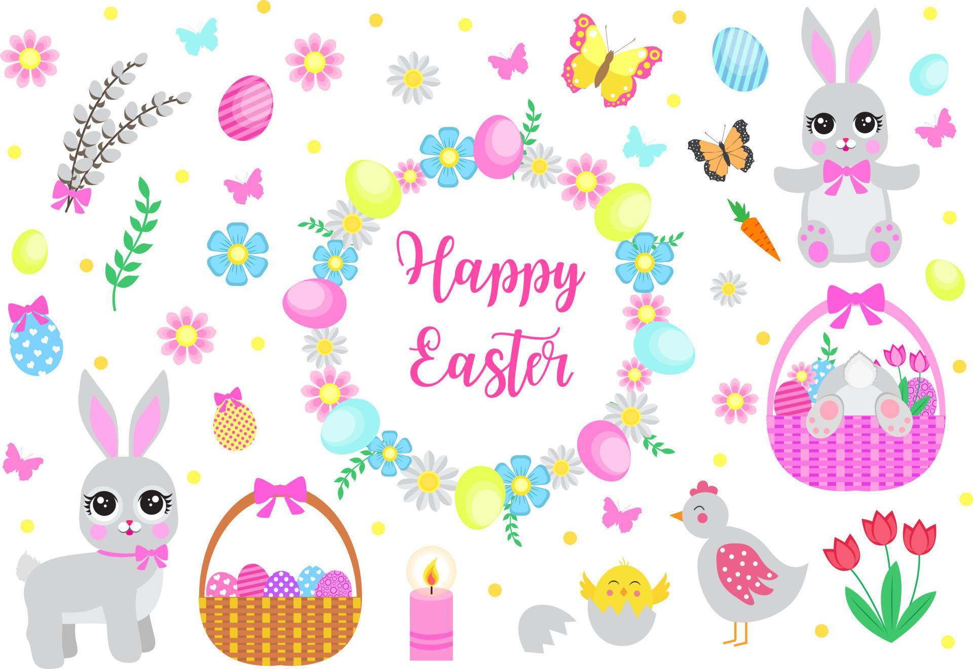 Happy Easter set objects, design elements. Spring collection with cute bunnies, flowers and Easter eggs. Vector illustration Stock Free and Free SVG