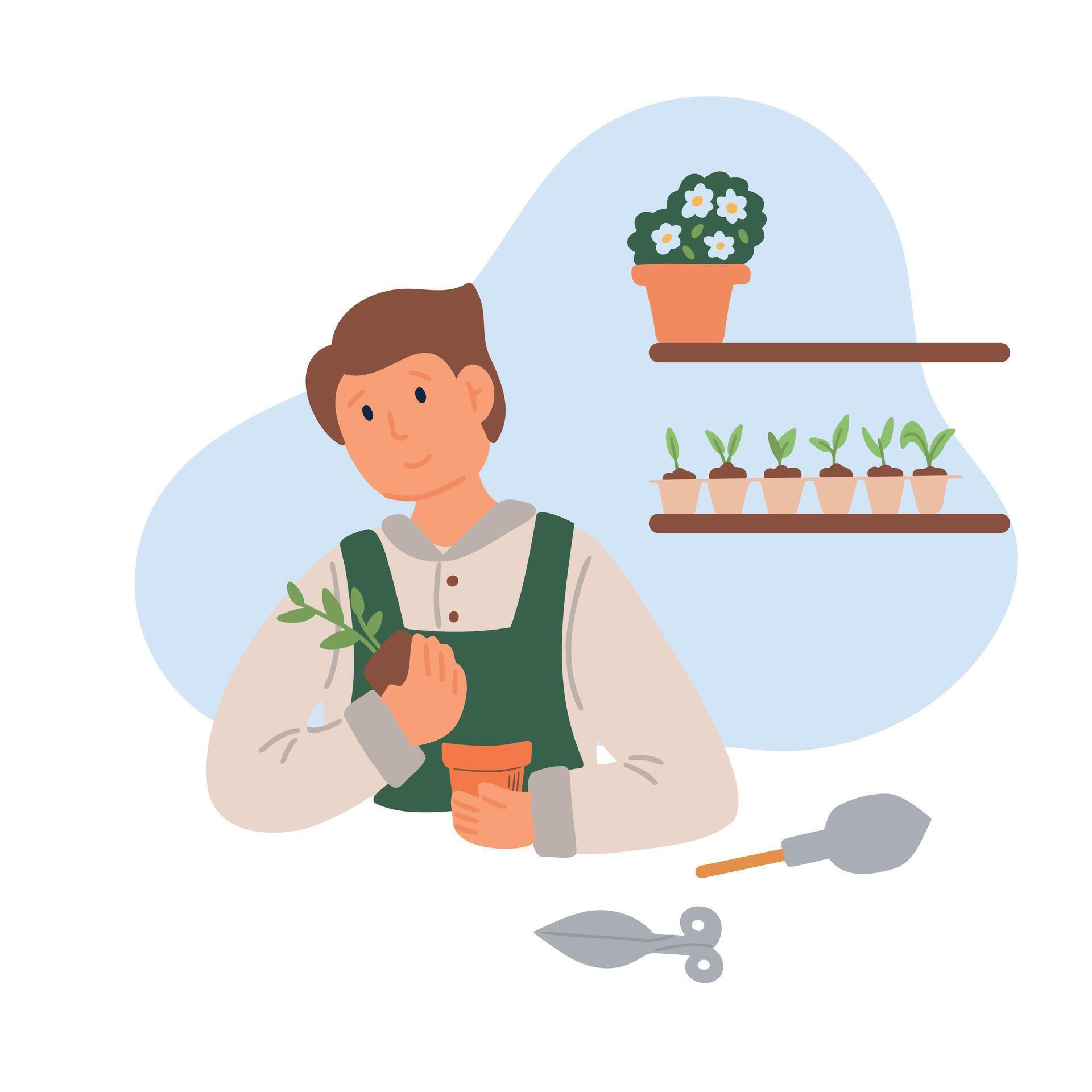 Young man planting and watering plants in the spring garden. Growing and caring for flowers or herbs. Gardening concept. Flat vector illustration. Stock Free