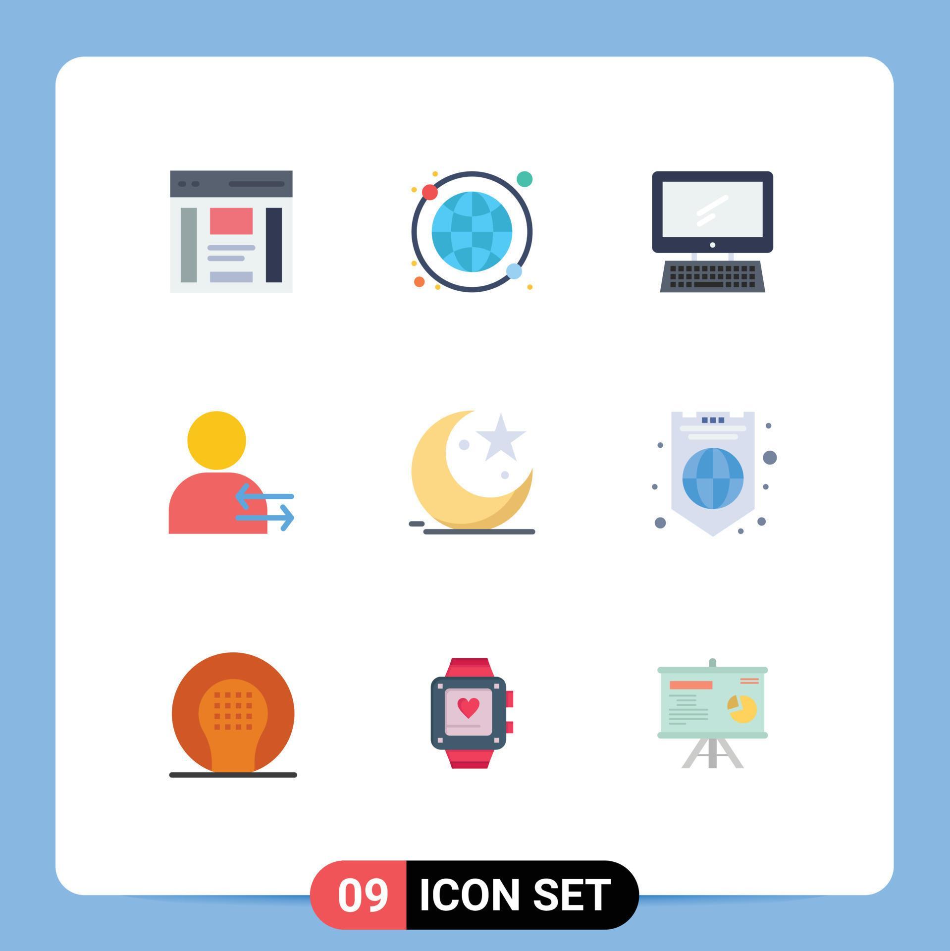 Mobile Interface Flat Color Set of 9 Pictograms of right arrow world wide man imac Editable Vector Design Elements Stock Free and Free SVG