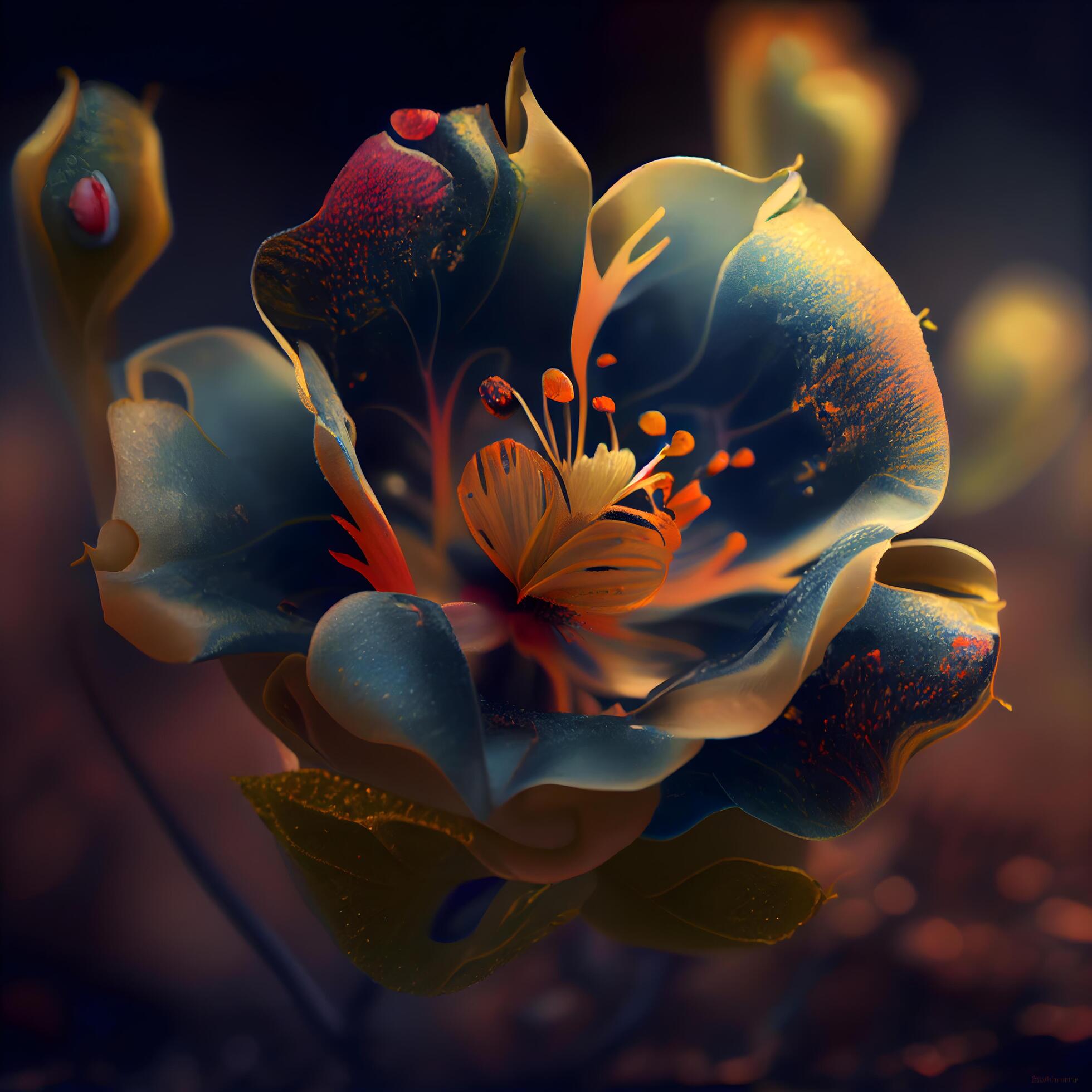 Beautiful blue flower with red and orange petals on dark background, Image Stock Free