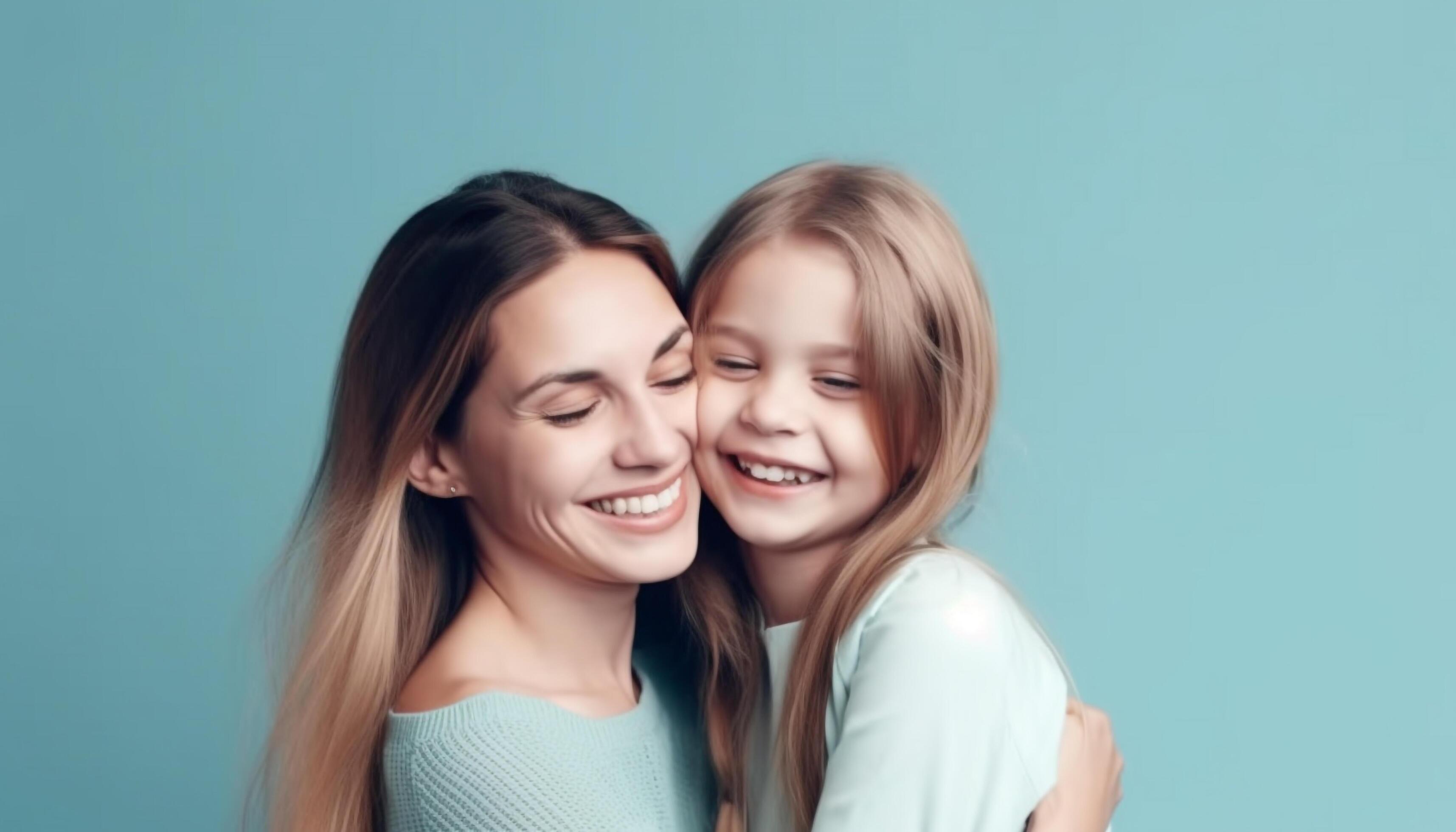 Smiling family of four, two adults and two children, embracing joyfully generated by AI Stock Free