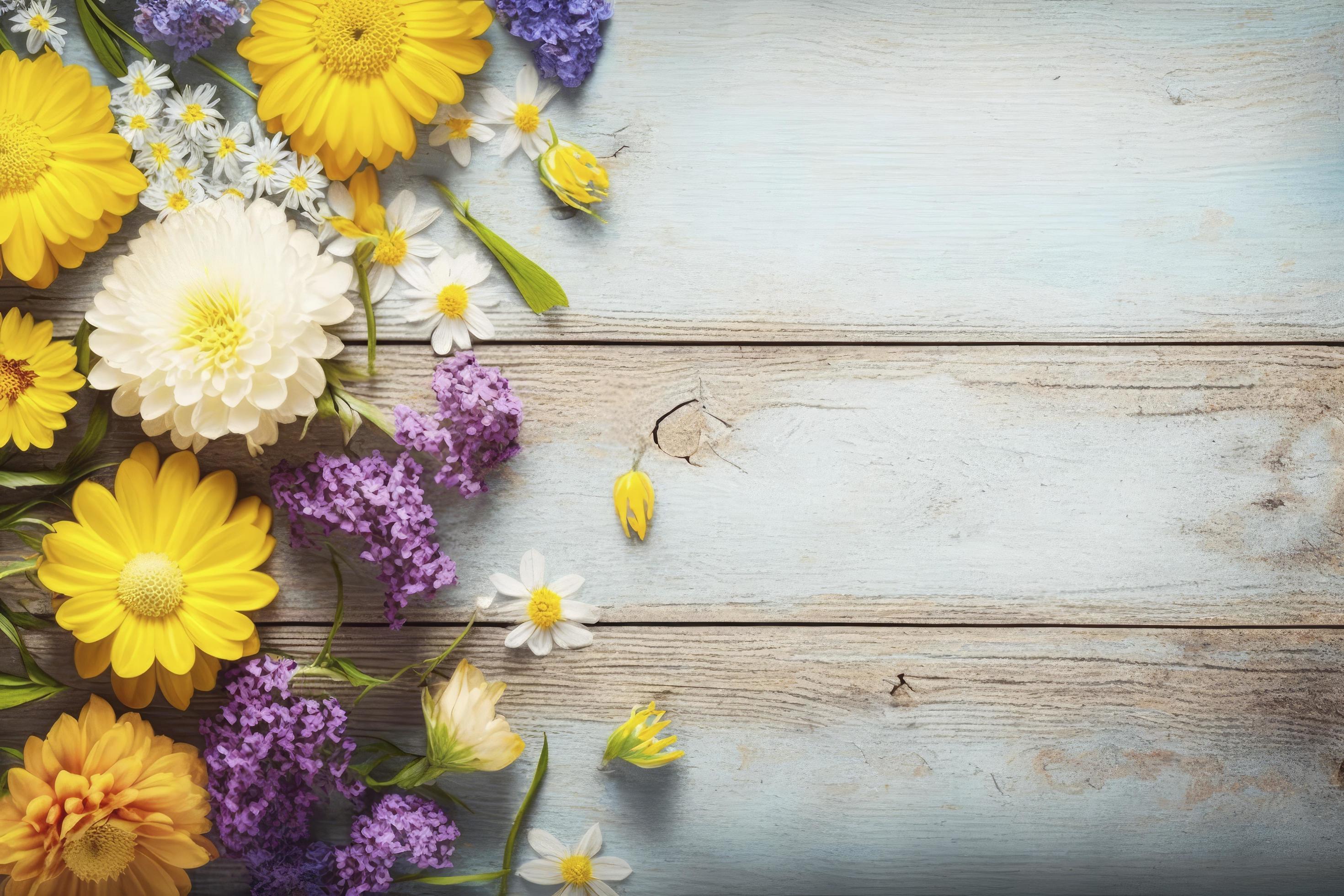 Garden flowers over wooden background stock photo Springtime, generate ai Stock Free