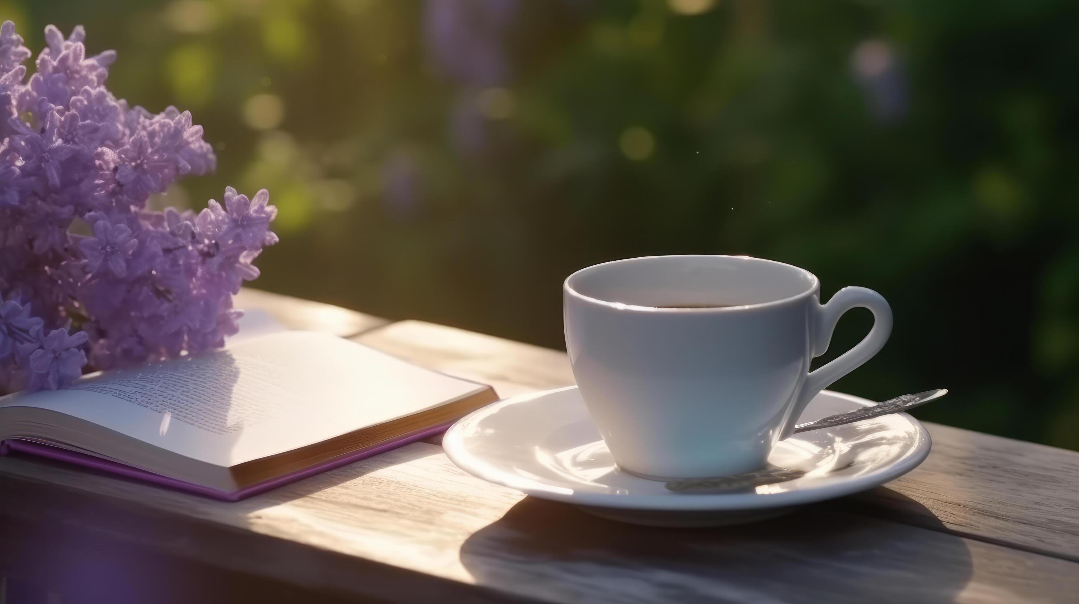 Cup of coffee with book and Lilly flowers. Illustration Stock Free