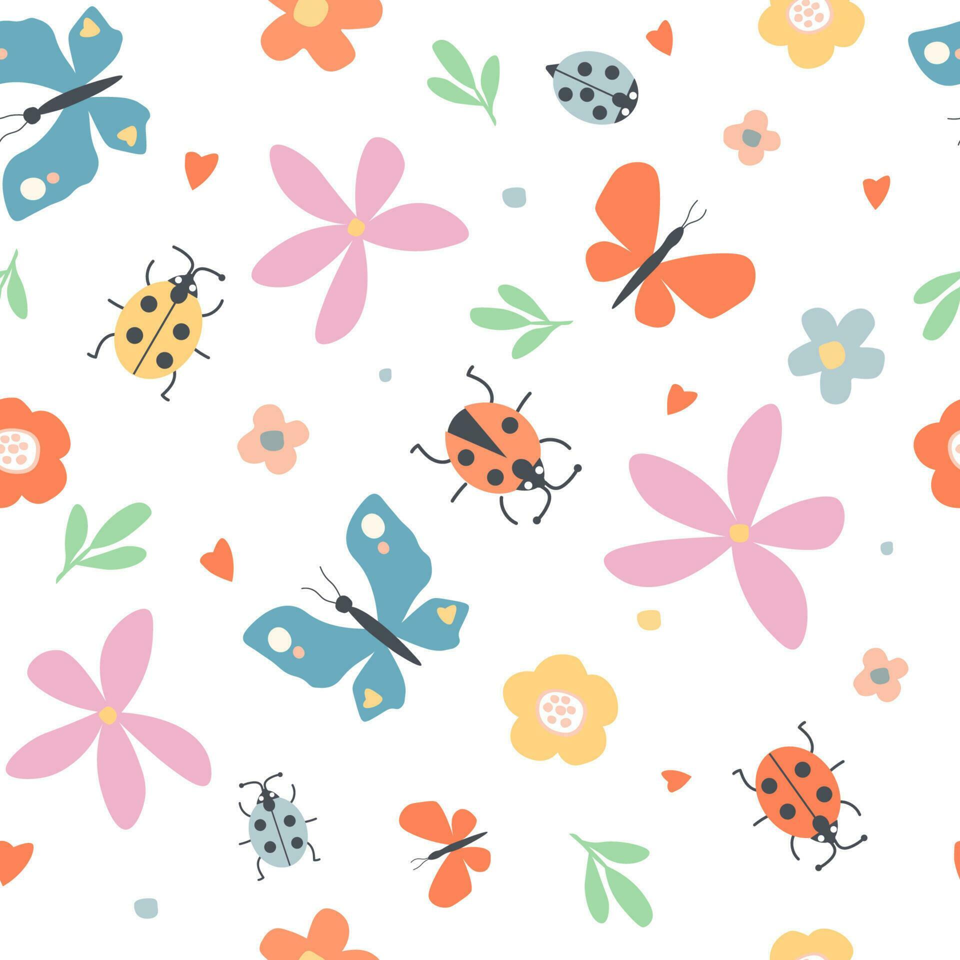 Seamless pattern with cheerful summer ornament. Ladybugs, butterflies, flowers, leaves, hearts in a simple childish nature design. Vector graphics. Stock Free