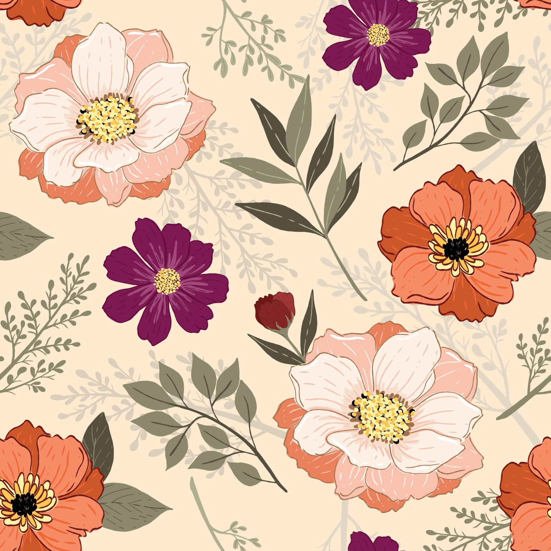 vector seamless pattern with hand drawn flower and leave Stock Free