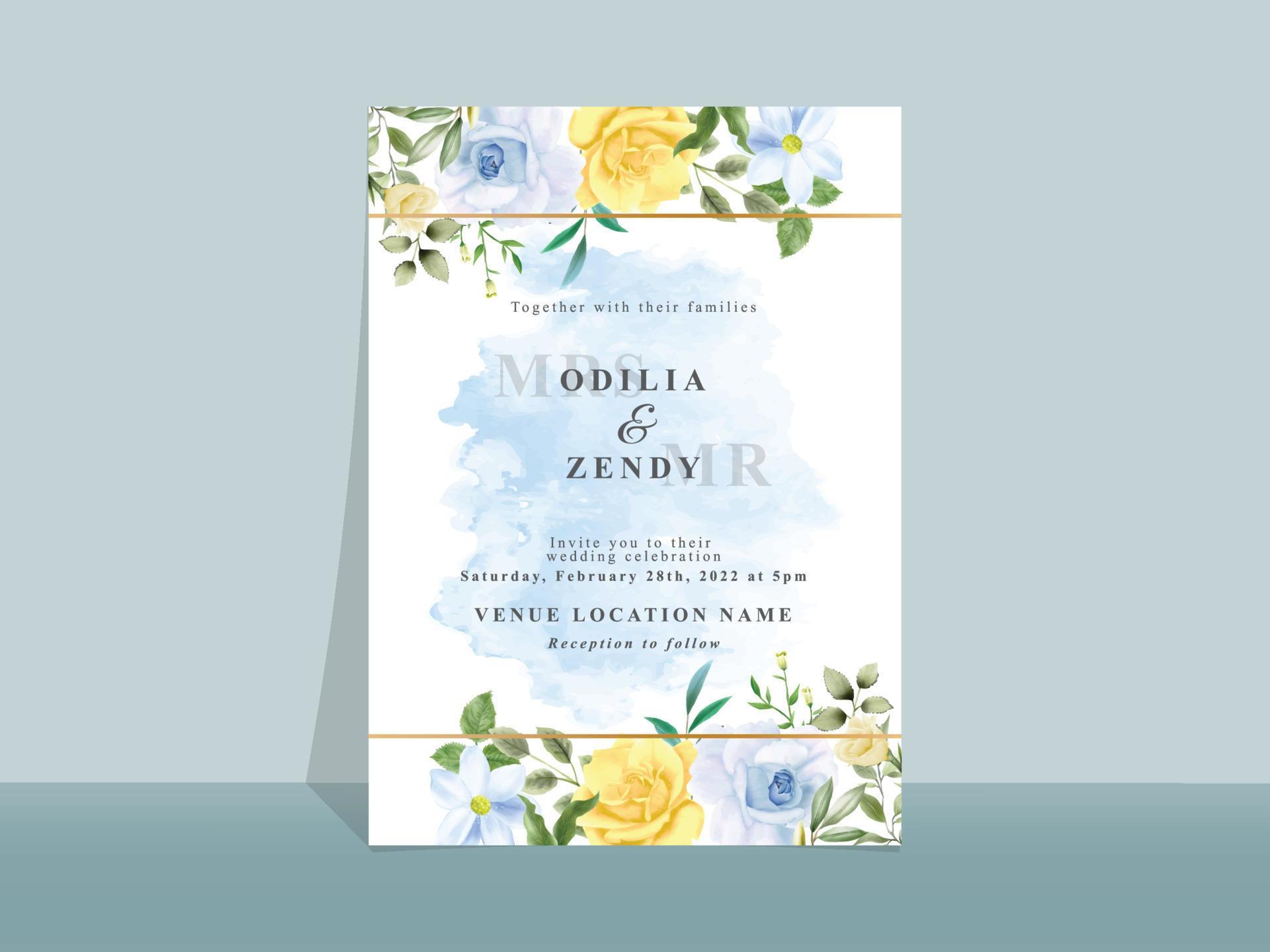 Wedding invitation card with beautiful blue and yellow flowers Stock Free