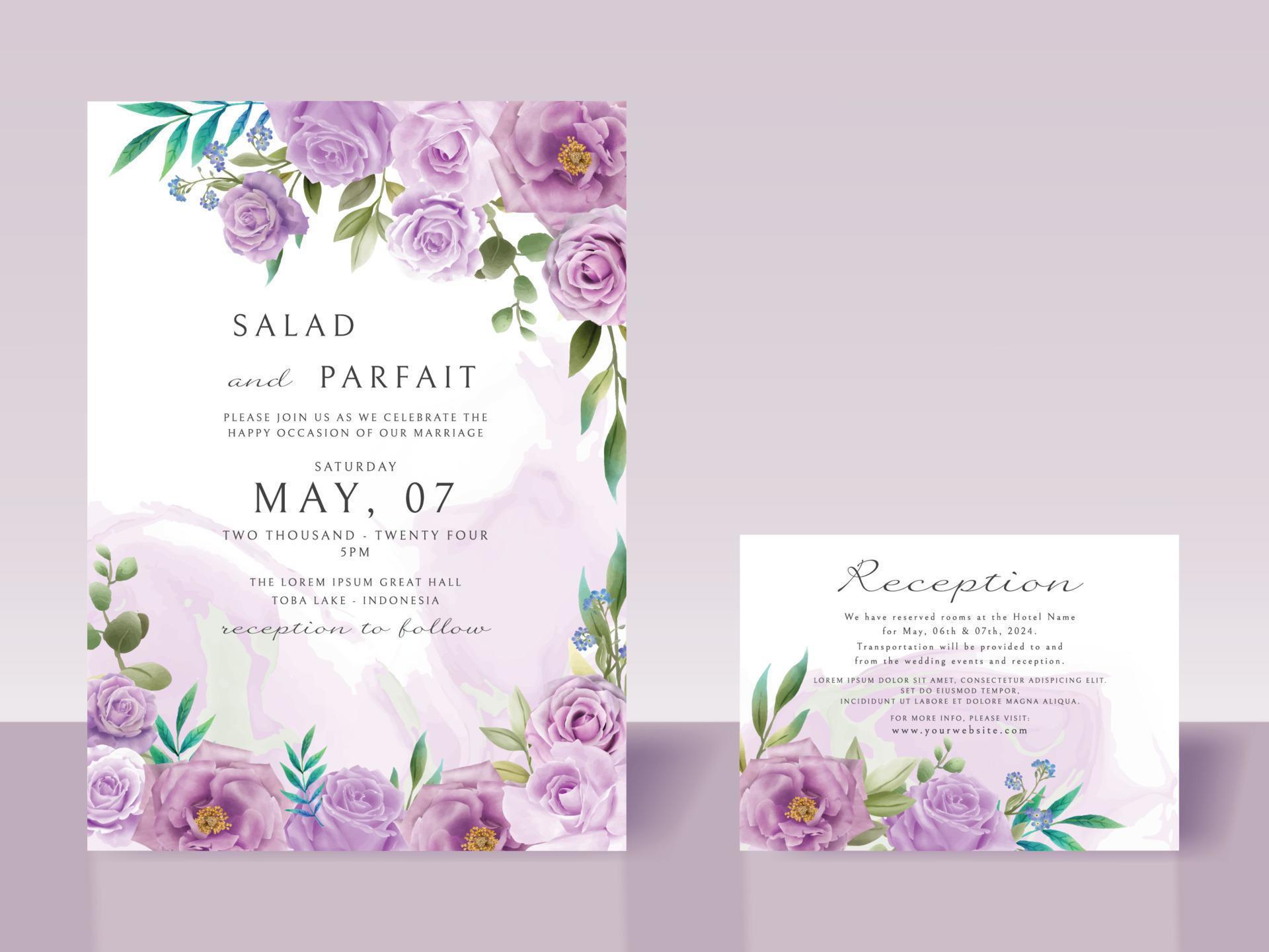 Wedding invitation card template with purple flowers Stock Free