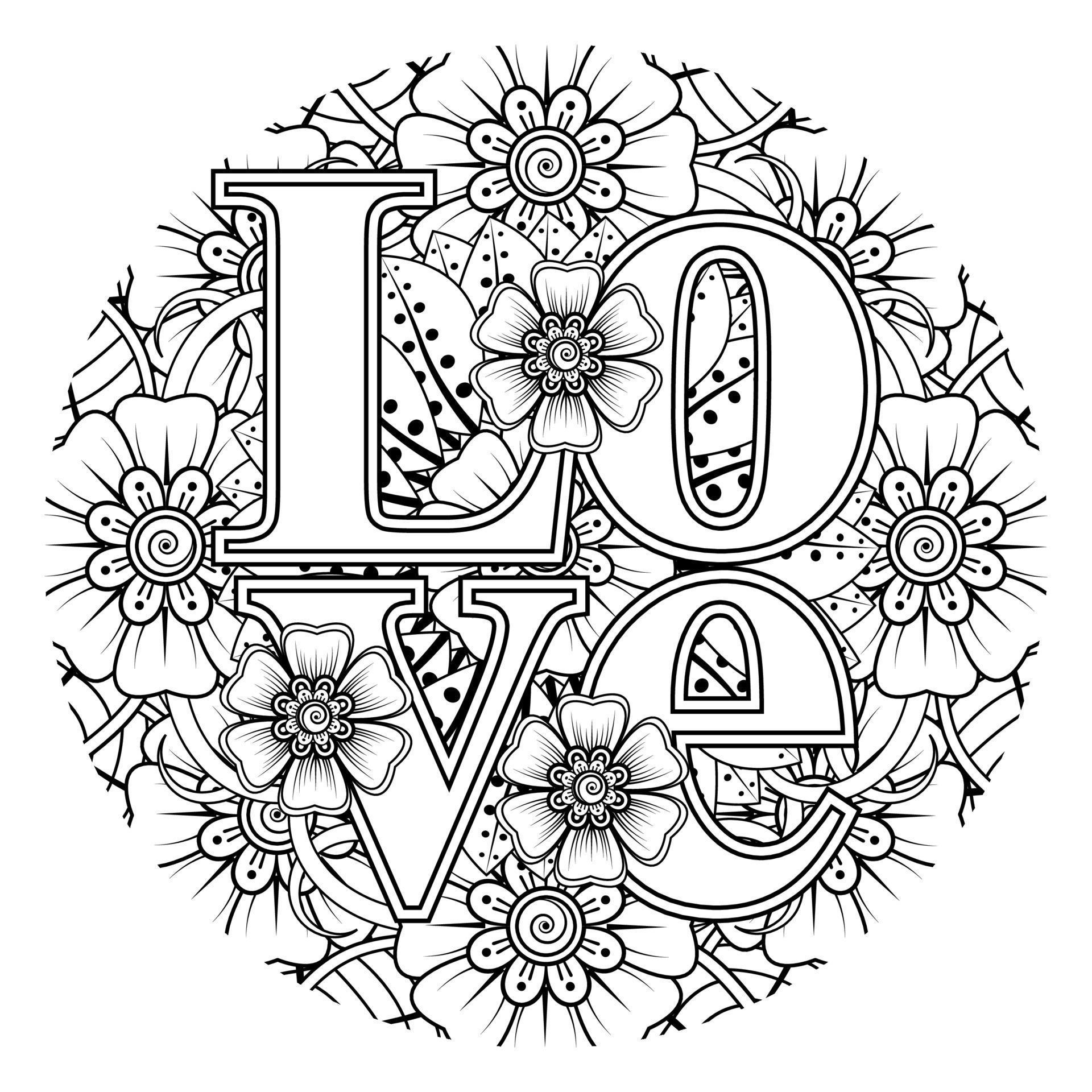 Love words with mehndi flowers for coloring book page doodle ornament Stock Free