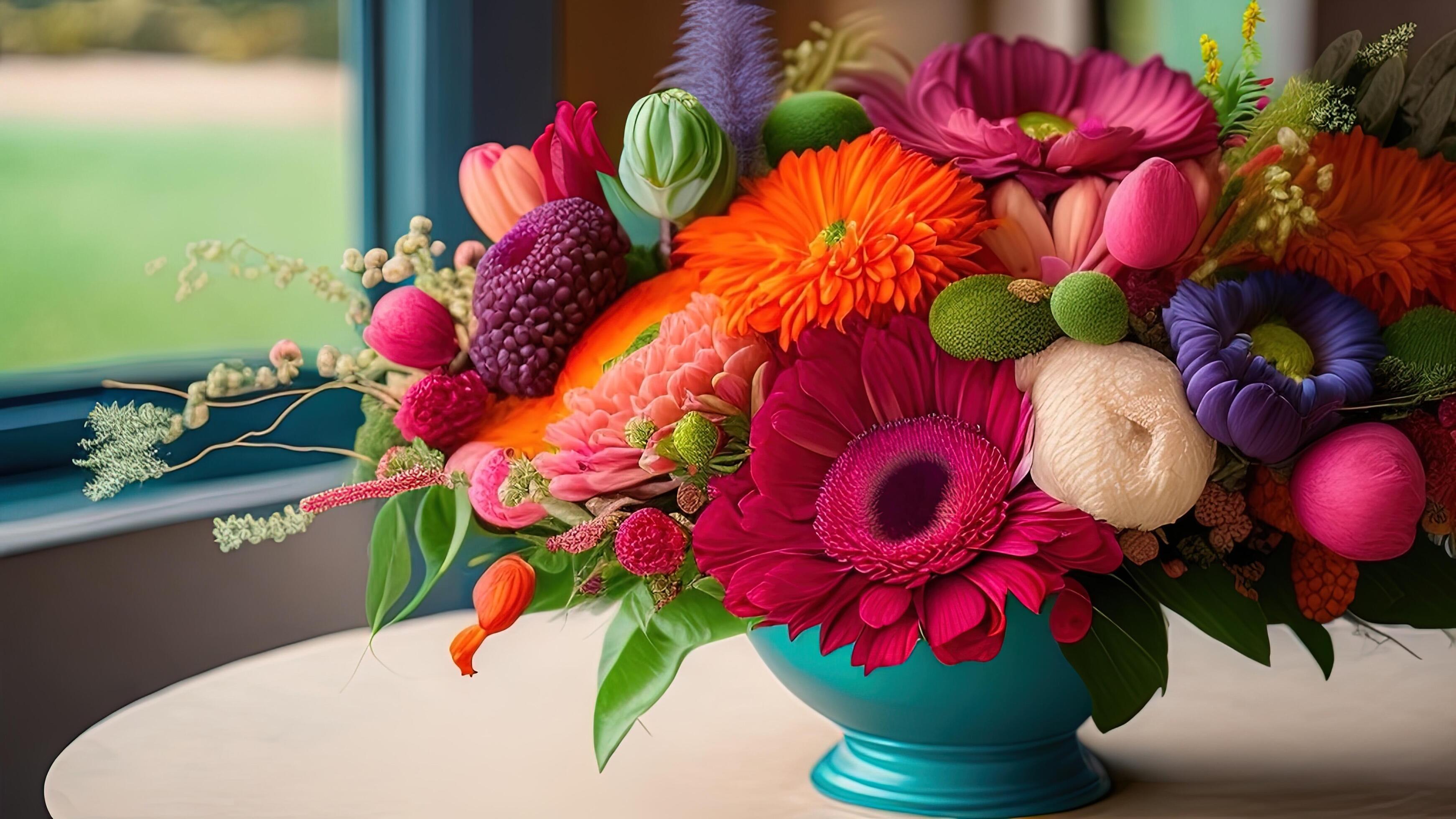 Colorful bouquet of flowers in a vase on the table. Stock Free