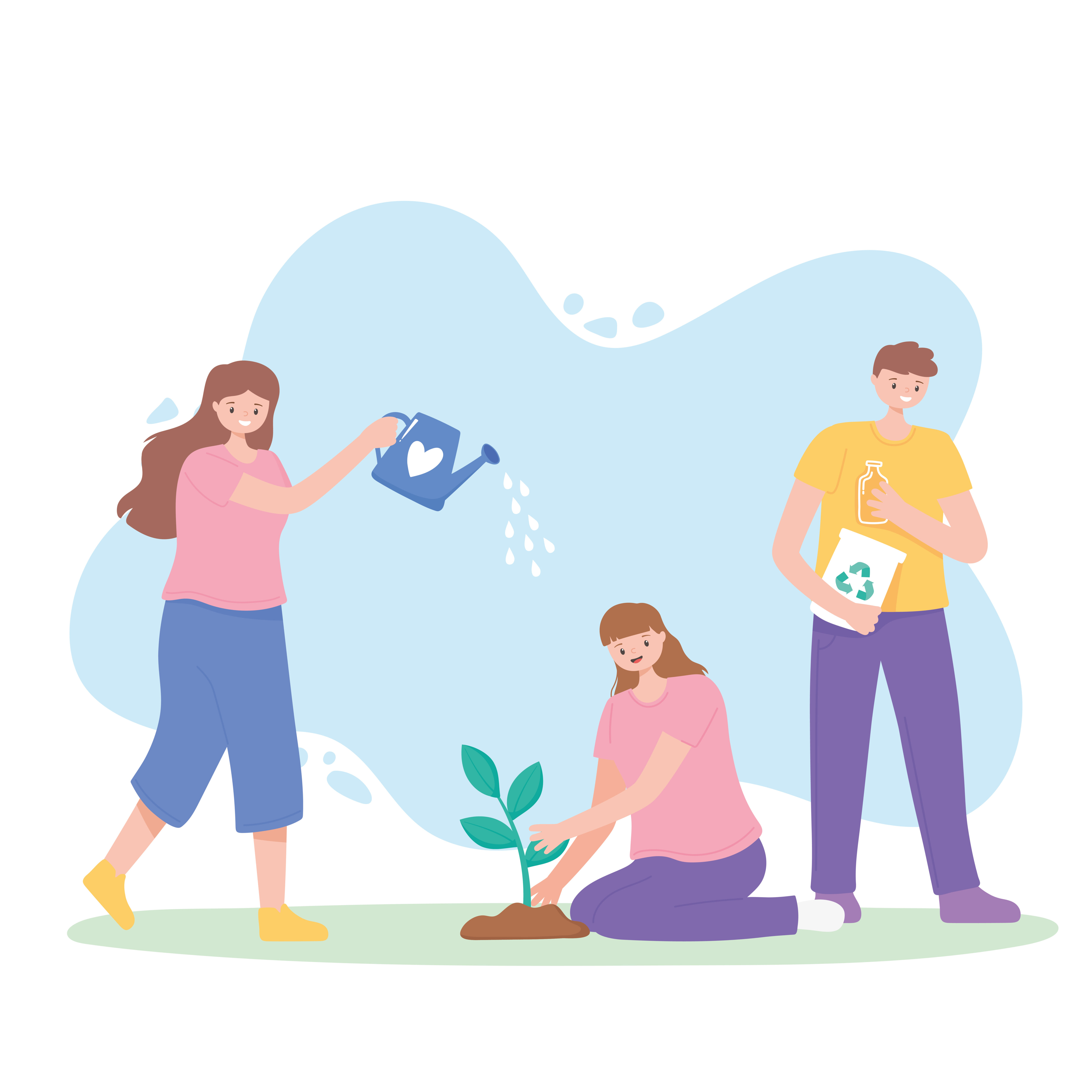 People with watering can, planting and recycle products Free Vector