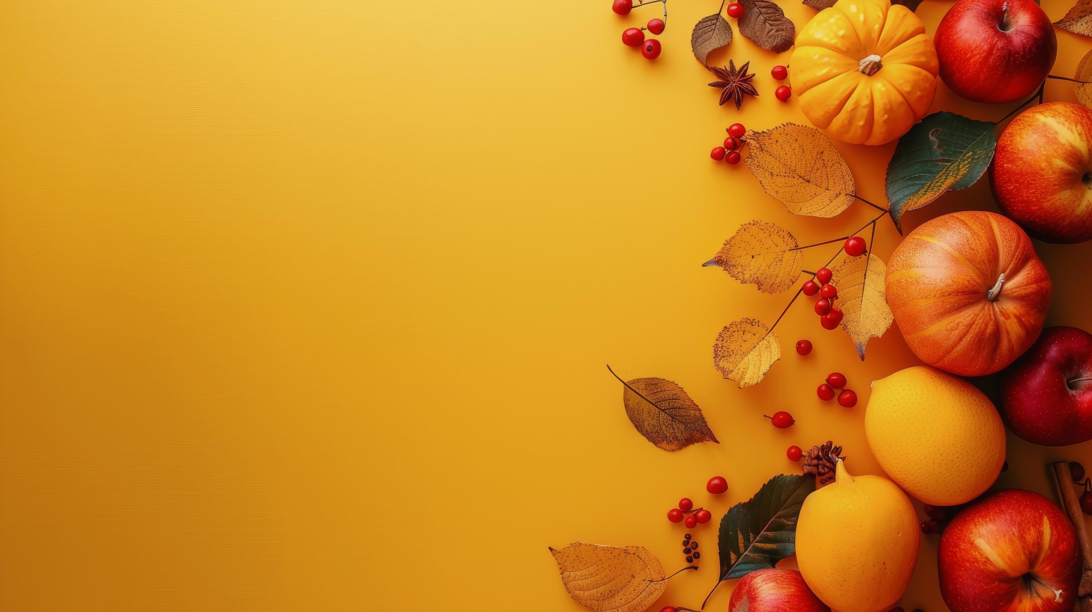 Autumn Leaves and Pumpkins on Orange Background Stock Free