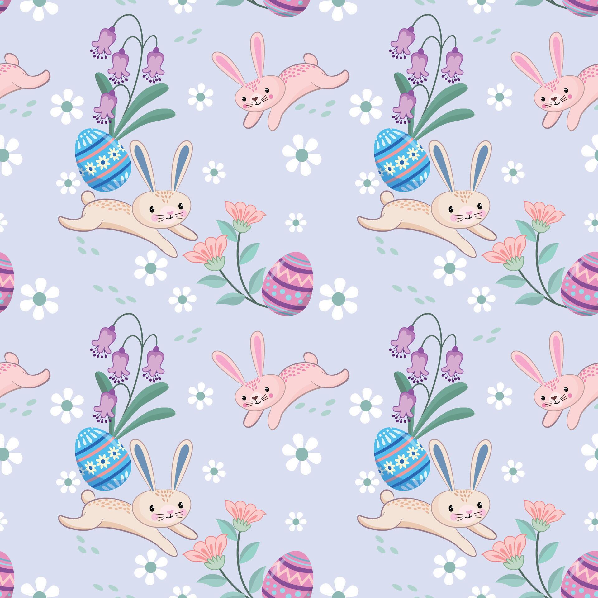 Bunny with Easter egg and flowers seamless pattern Stock Free