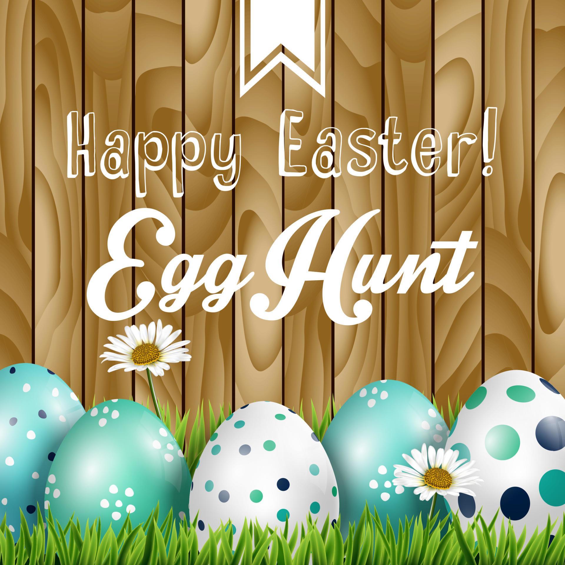 Easter greeting, flowers and colored eggs in the grass on the wood background.Vector Stock Free