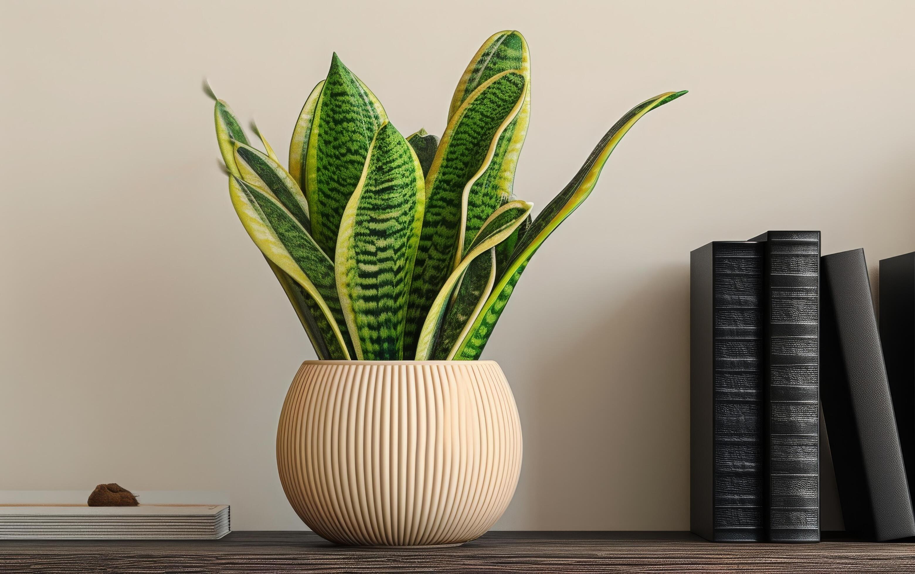 AI generated A potted snake plant adds a touch of greenery to a minimalist shelf arrangement Stock Free