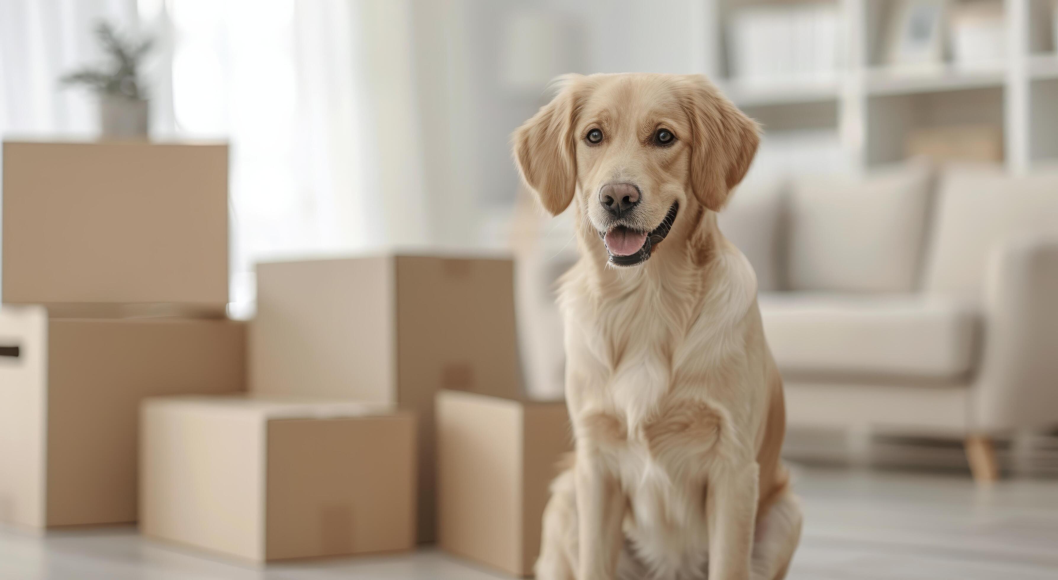 Happy Golden Retriever in New Home Surrounded by Moving Boxes Stock Free