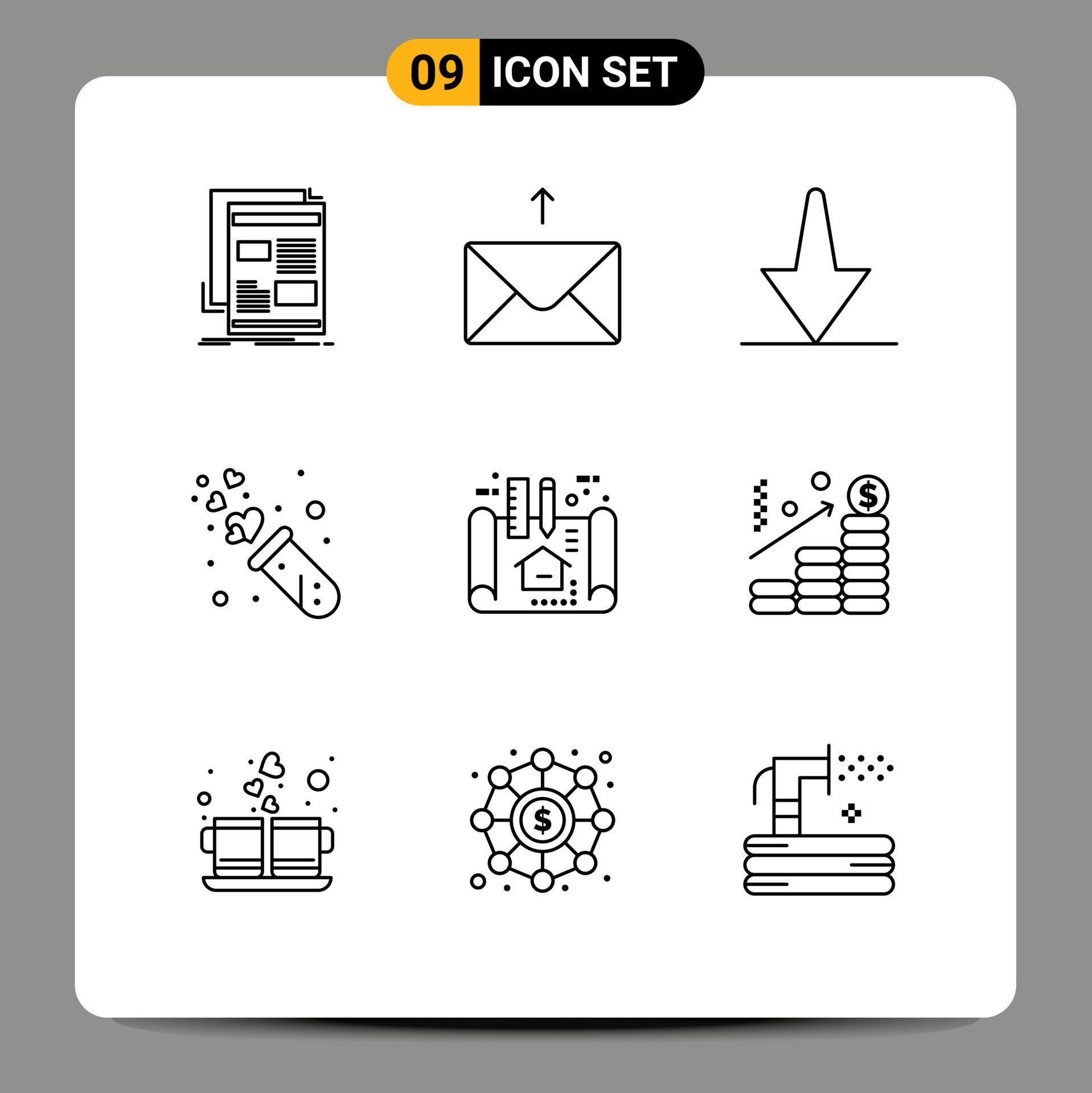 Set of 9 Modern UI Icons Symbols Signs for architecture wedding arrow tube lab Editable Vector Design Elements Stock Free