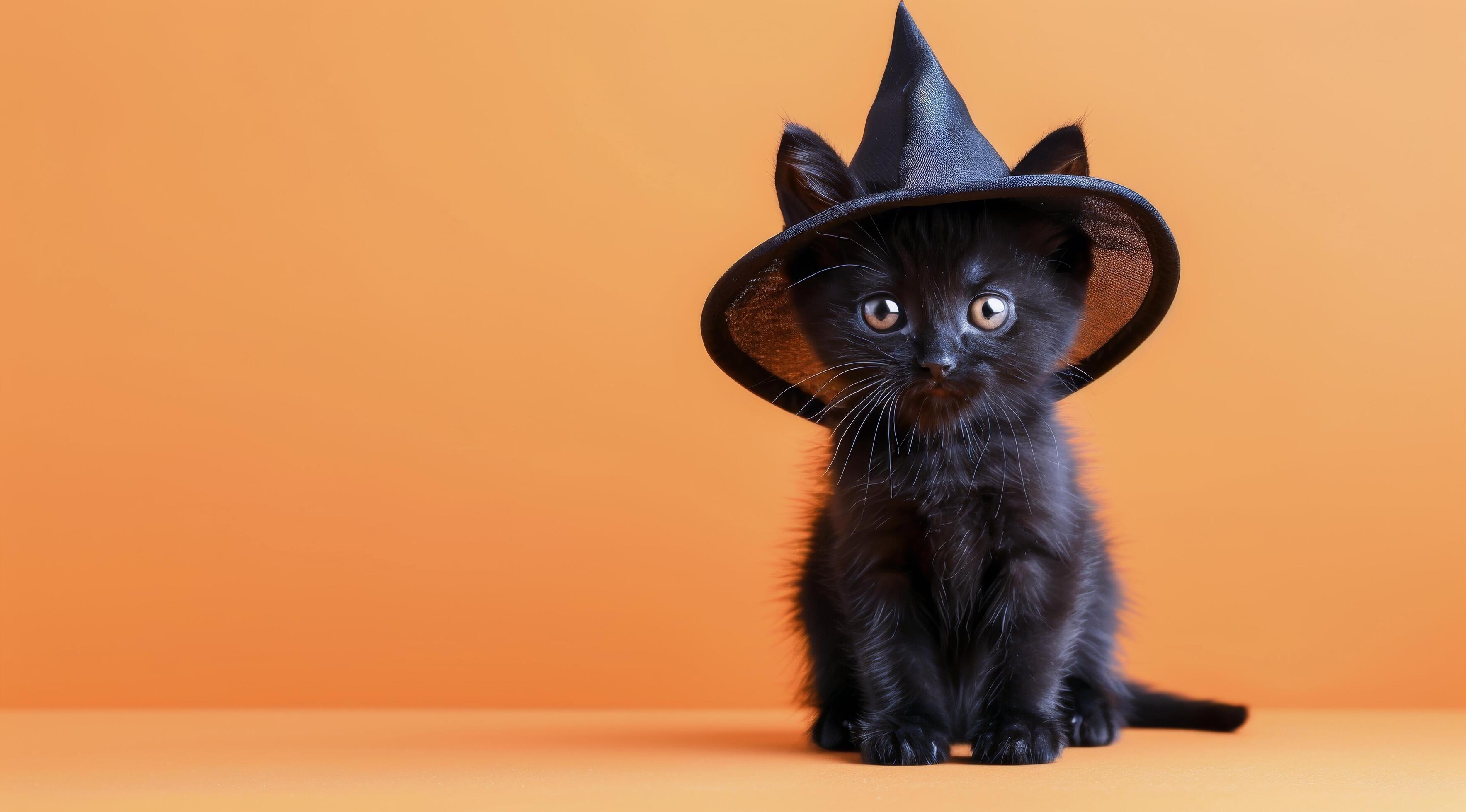 Black Cat Wearing Witch Hat Against Orange Background Stock Free