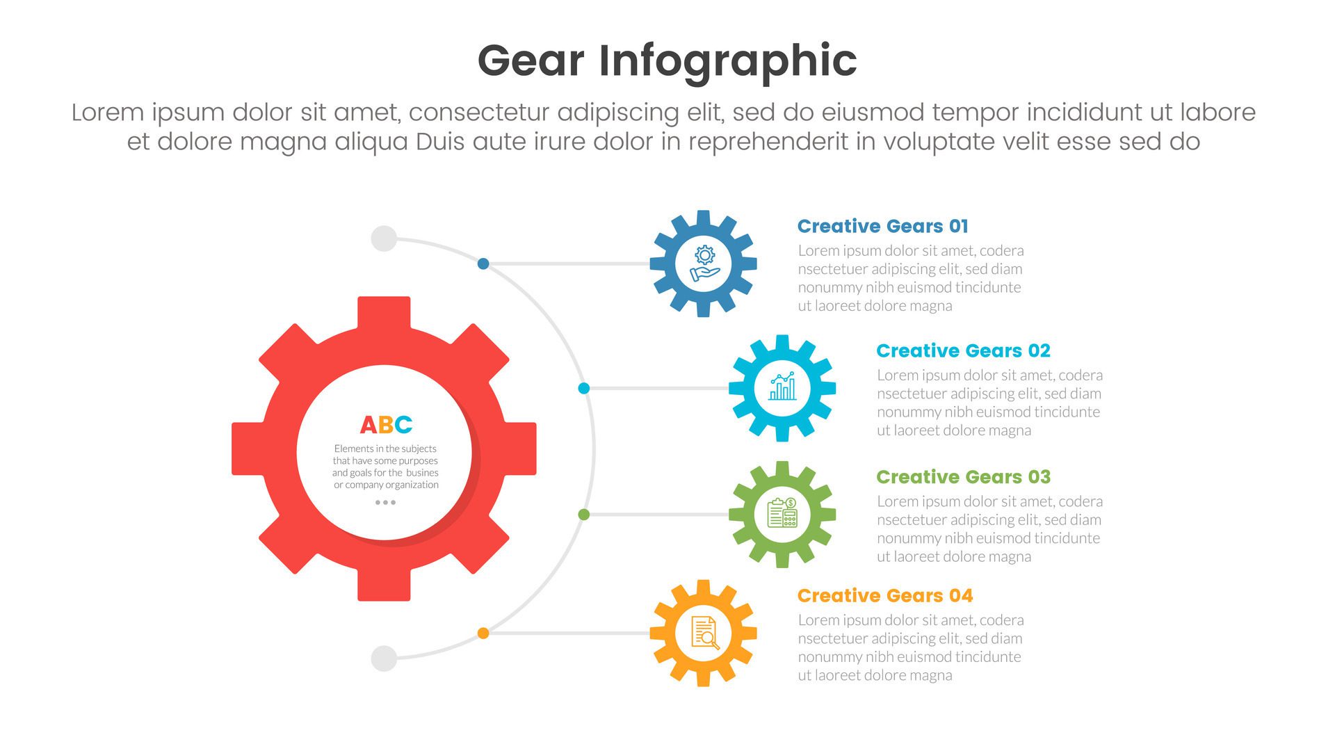 gear cogwheel infographic template banner with half circular line connection with 4 point list information for slide presentation Free Vector