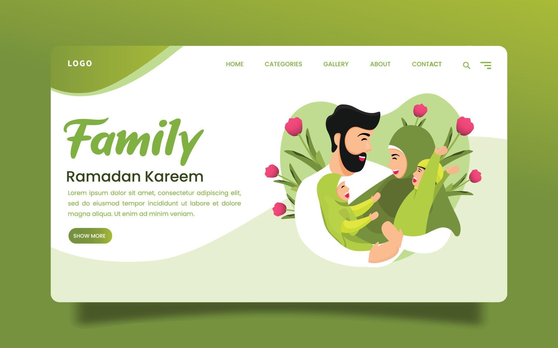 Landing Page Illustration of Harmonious Muslim Family Hugging Each Other Smiling on Ramadan-themed Green Flower Background. Stock Free and Free SVG