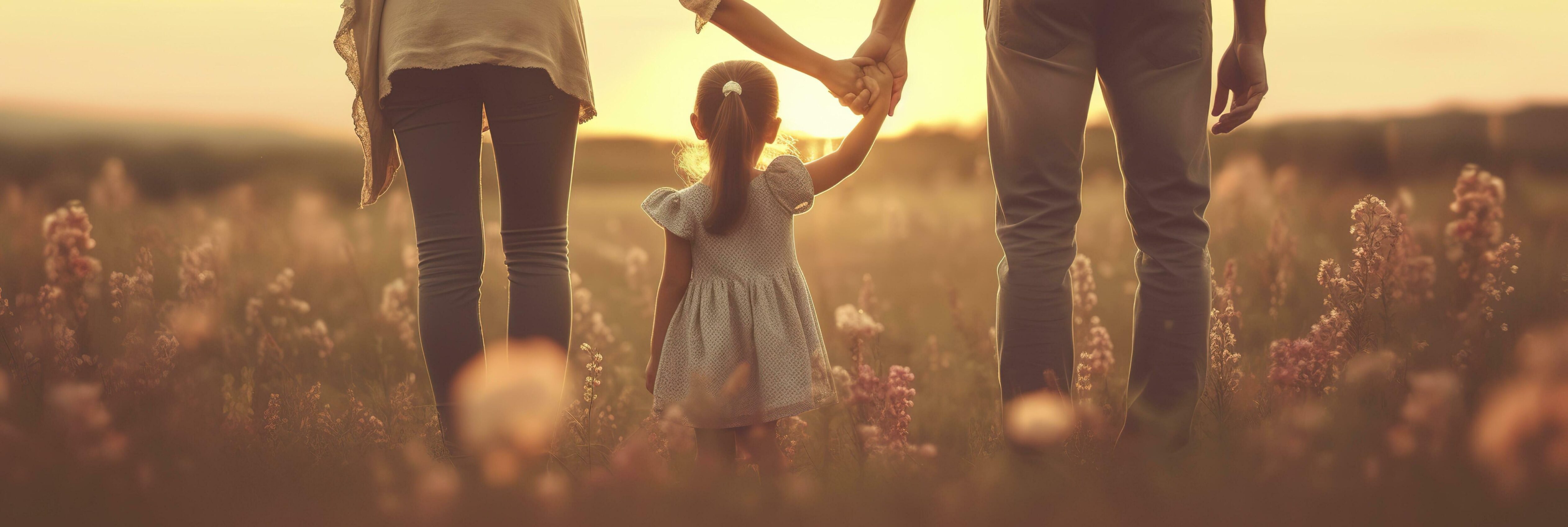 Happy family mother father and daughter walk on nature on sunset hold hand. AI Generative Stock Free