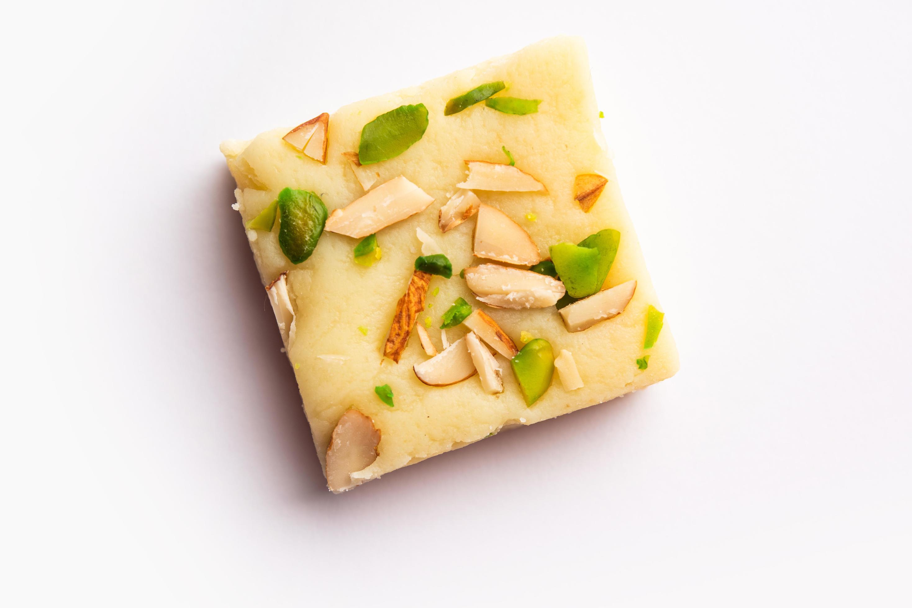 Milk powder barfi also known as Mava burfi, white Khoya burfi or Barfee, Indian Sweet food Stock Free