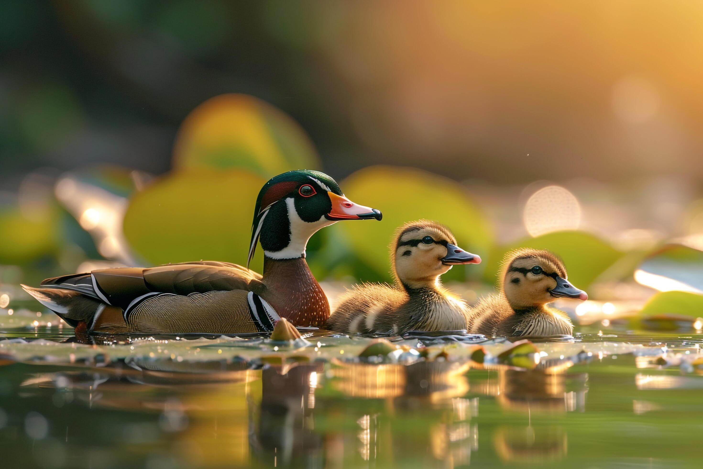 Wood Duck Family Swimming Among Lily Pads Background Nature Stock Free