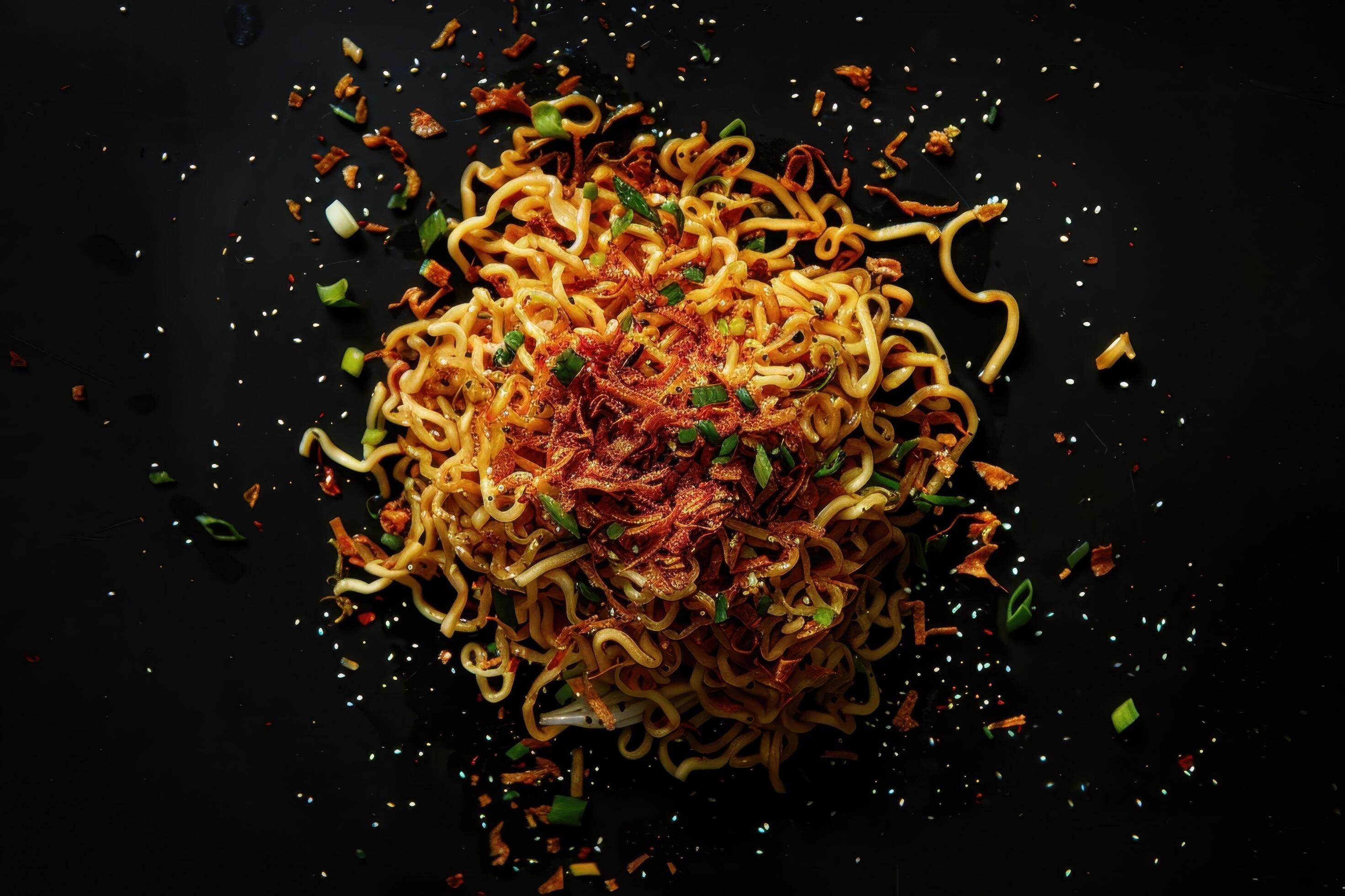 Noodles with Toppings on Black Background Stock Free