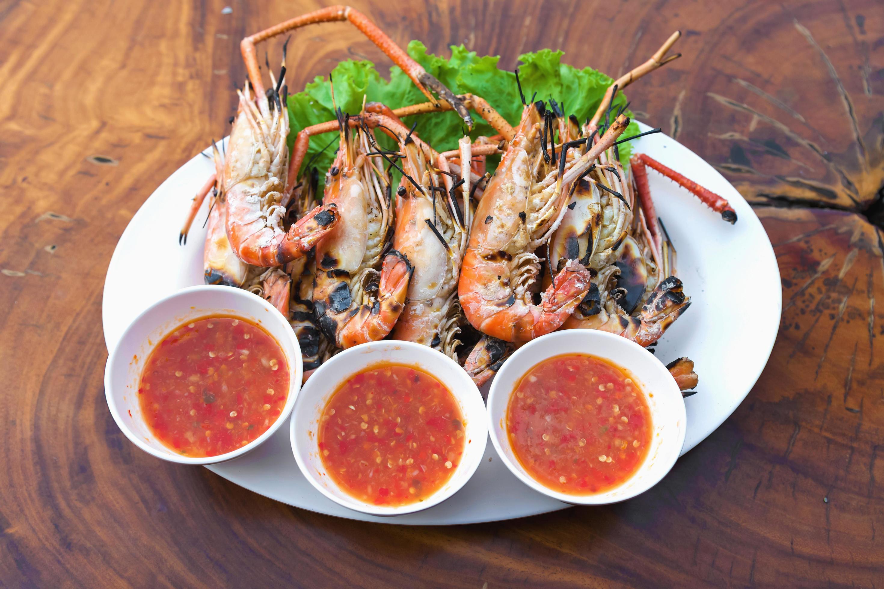 Burnt shrimp sea food on dish Stock Free