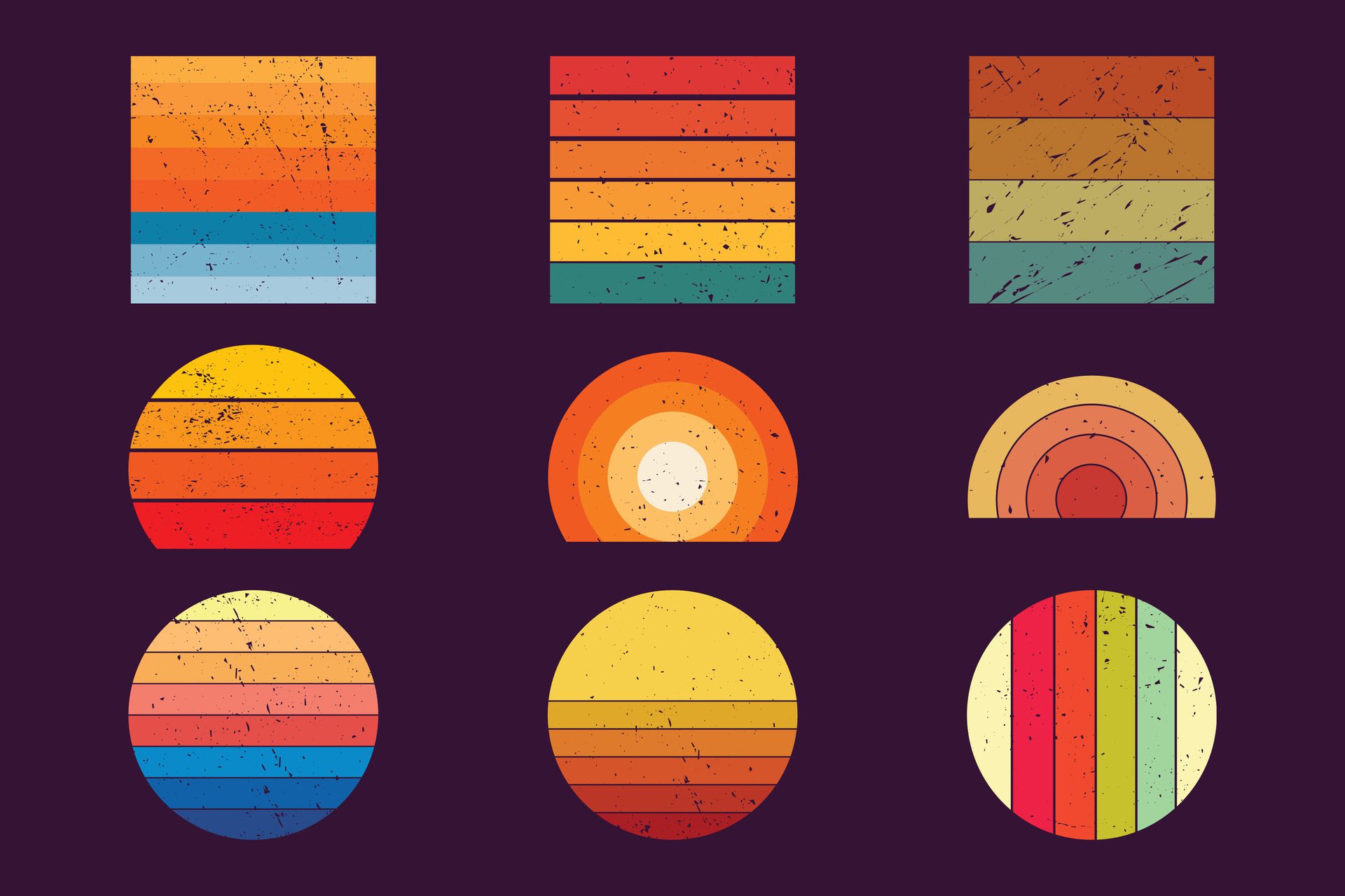 Retro Vintage Striped Circle and Stripe Pattern. illustration. Retro Sunset grunge Art Bundle Free Vector