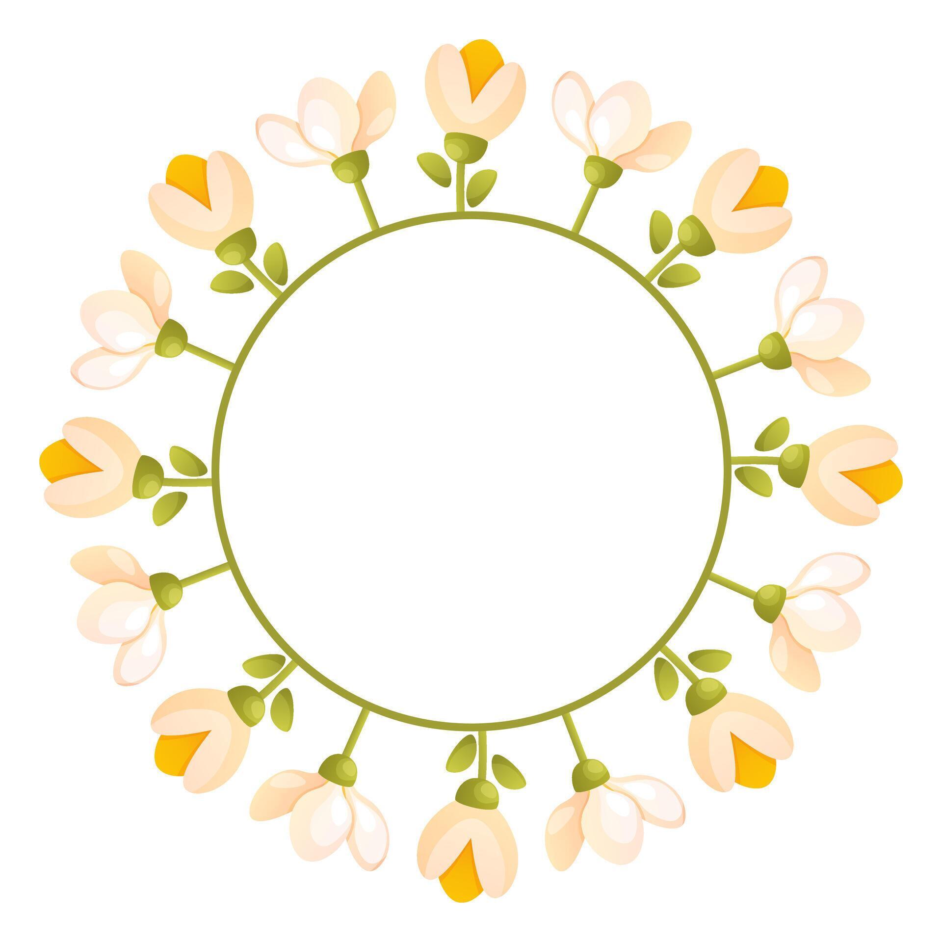 Cute floral wreath with different flowers on the stem, leaves, space for text. Stock Free