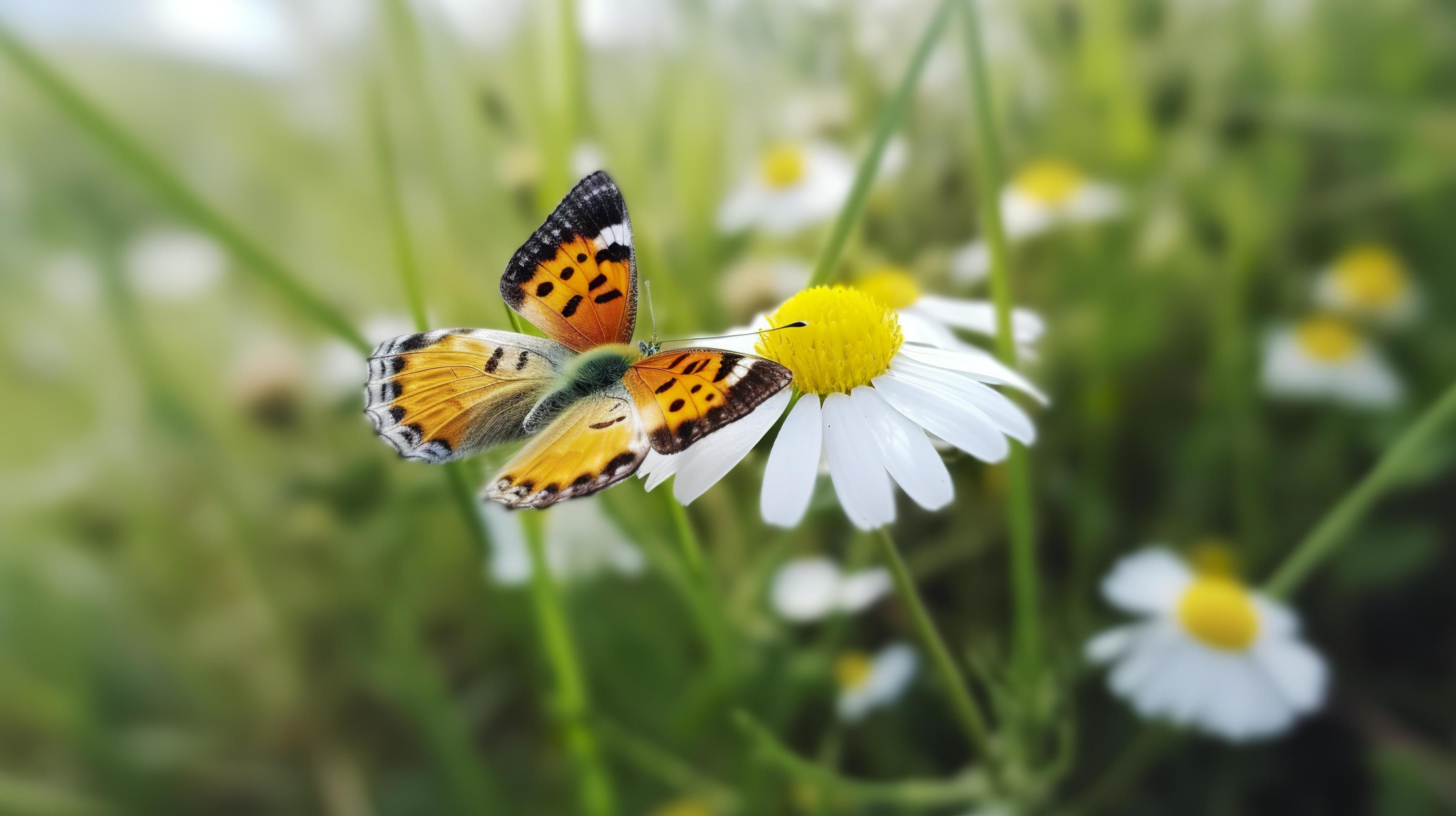 Photo the yellow orange butterfly is on the white pink flowers in the green grass fields, generat ai Stock Free