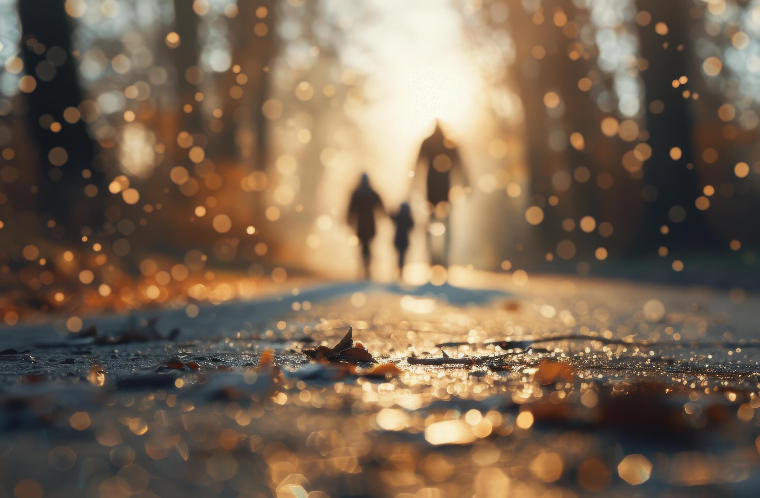 Family Walking Through Autumn Leaves in a Sunlit Park During Golden Hour Stock Free