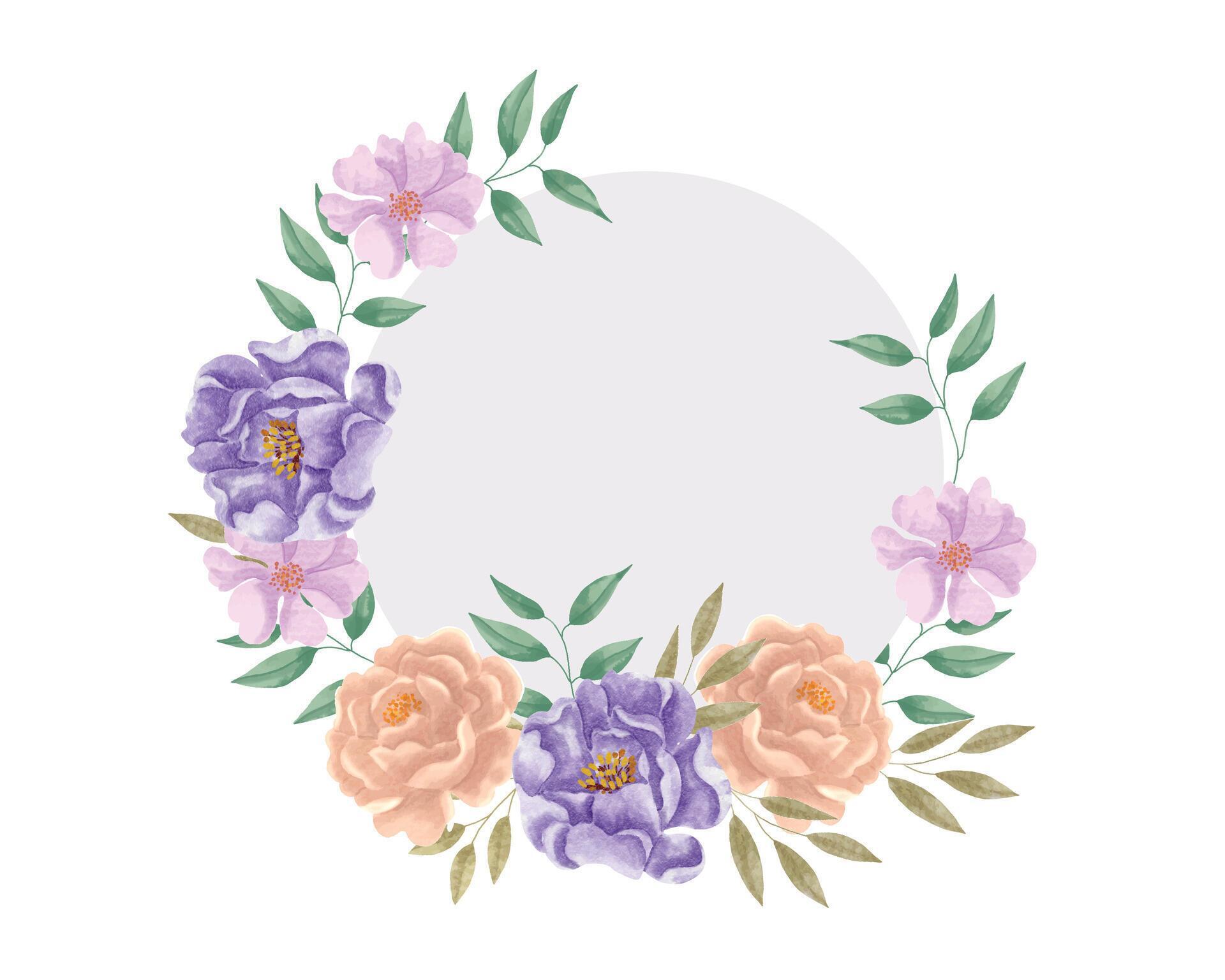 Purple and Peach Rose Watercolor Flower Wreath Stock Free