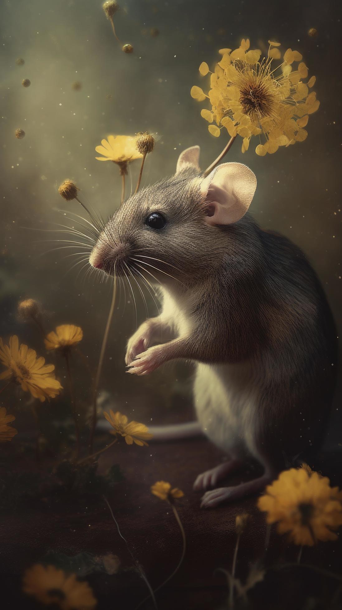 mouse with flowers blowing in the air, in the style of realistic landscapes with soft, tonal colors, generat ai Stock Free