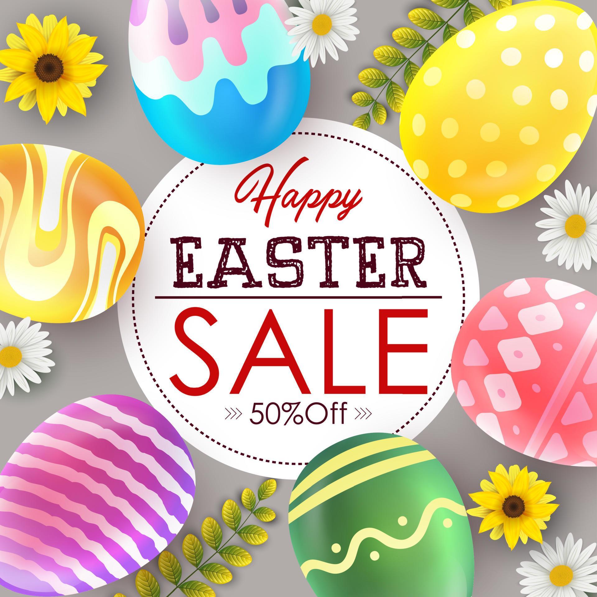 Easter sale banner background template with beautiful colorful flowers and eggs Stock Free