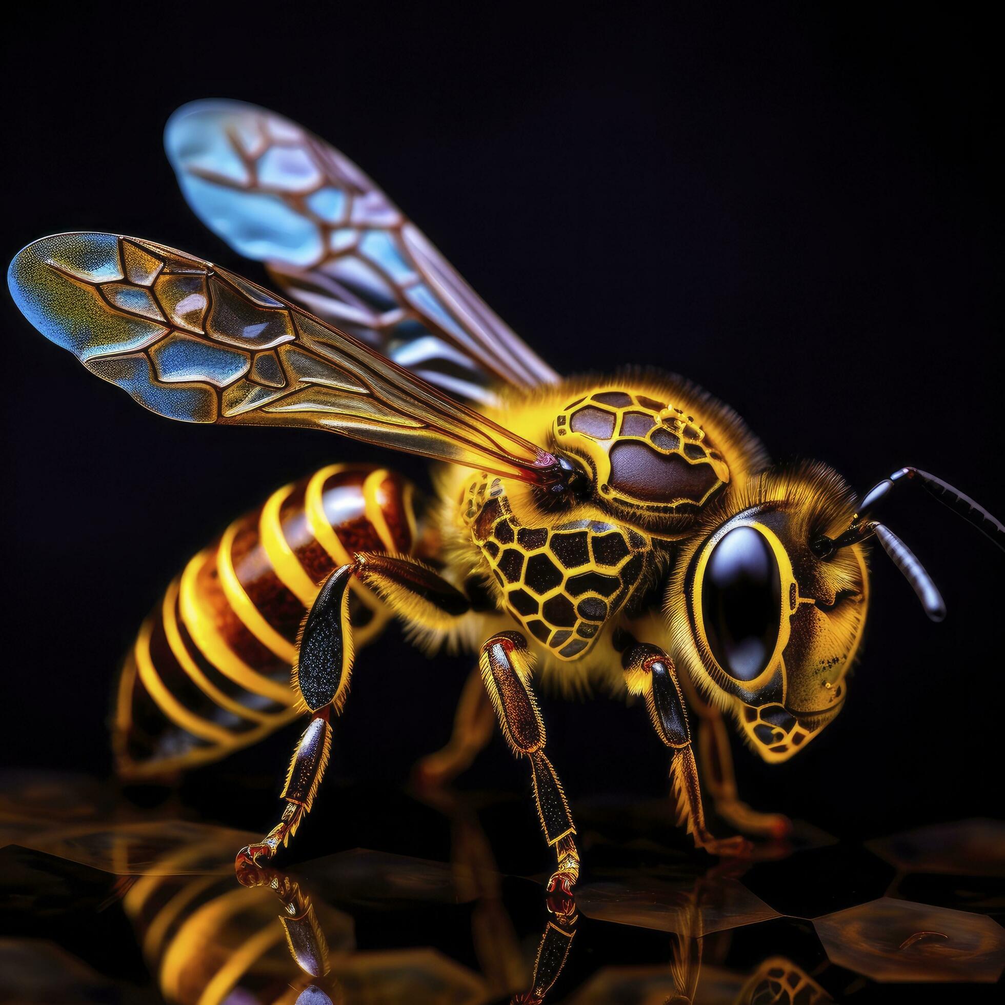 Nature’s Harmony Close-up of a Bee Gracefully Resting on a Honeycomb. Free Photo