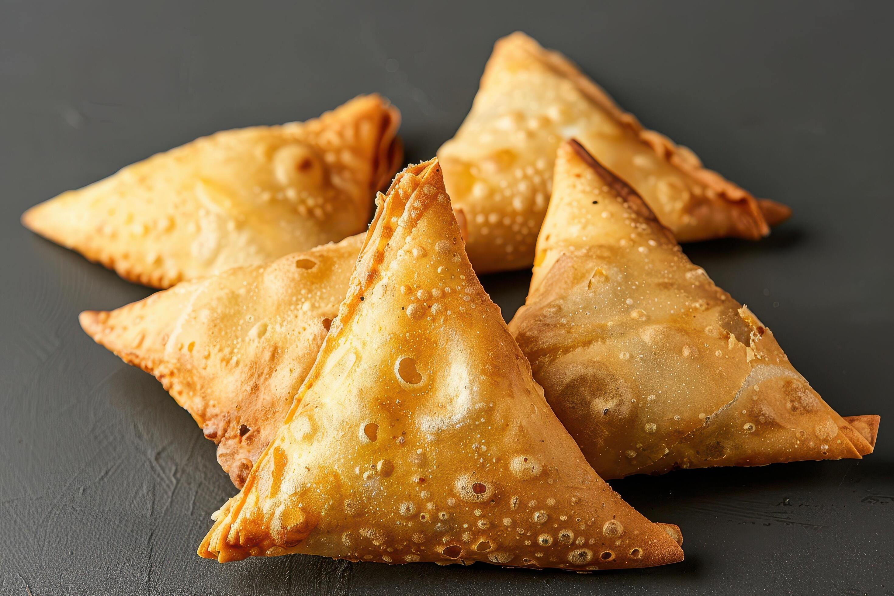 Four Golden Fried Samosas on Black Background Stock Free