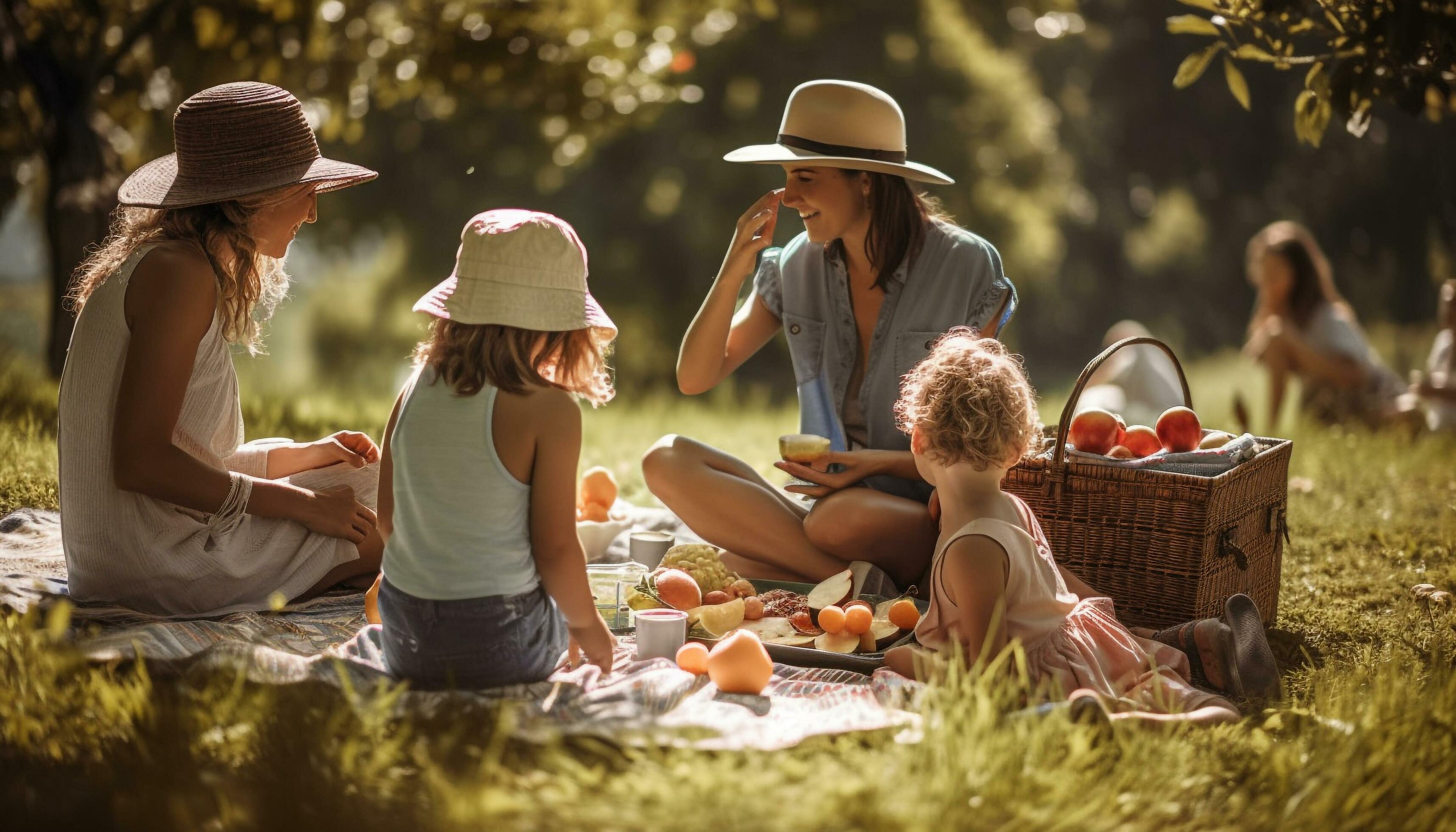 Family picnic in the meadow, enjoying nature generated by AI Stock Free