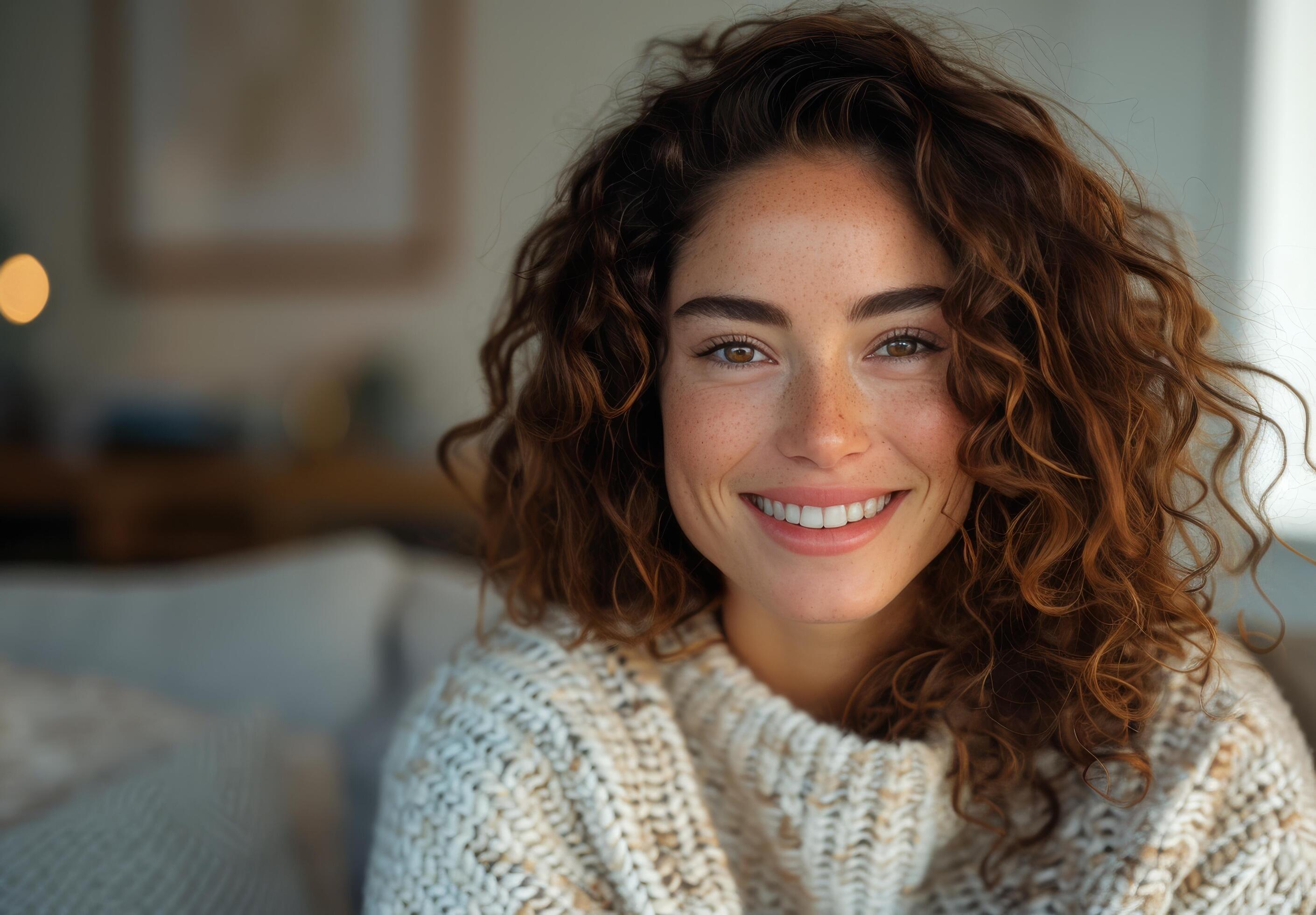 
									Close Up Portrait of a Woman With Curly Brown Hair and Blue Eyes Wearing a Grey Knit Sweater Stock Free