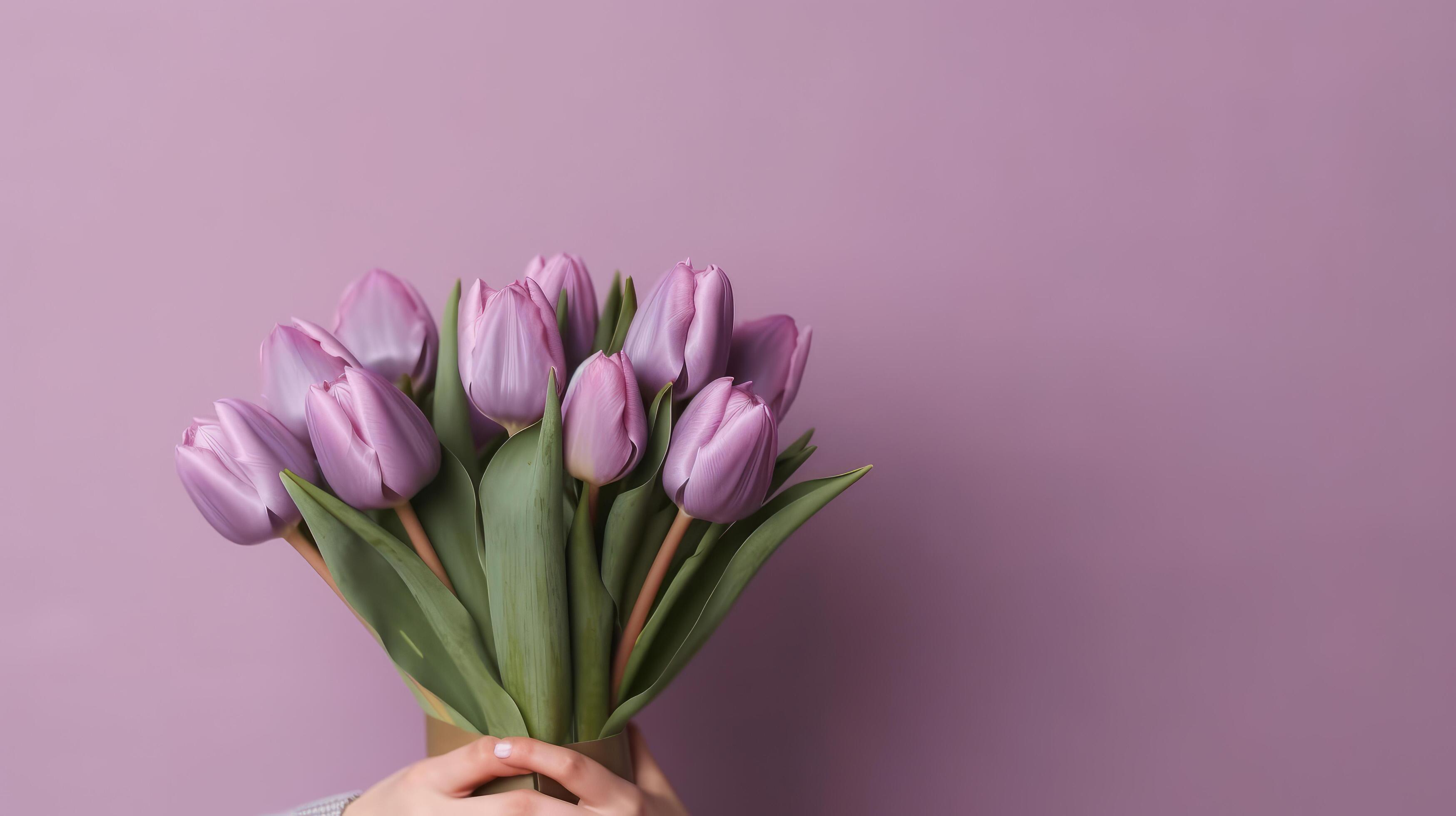 Violet tulip flowers bouquet on hands. Illustration Stock Free