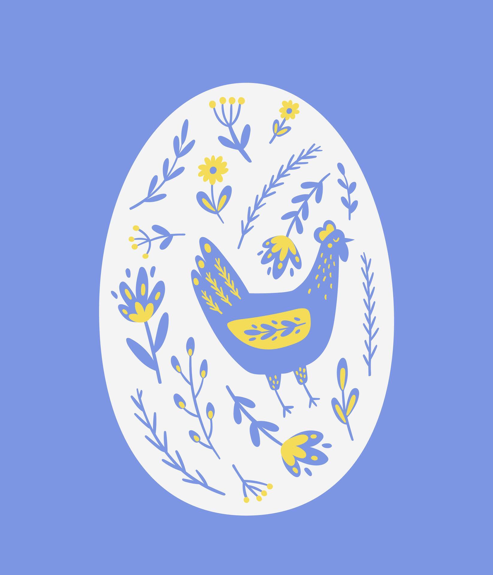 Easter holiday egg with cute chicken and flowers in blue color. Vector illustration, cartoon style, spring card. Stock Free