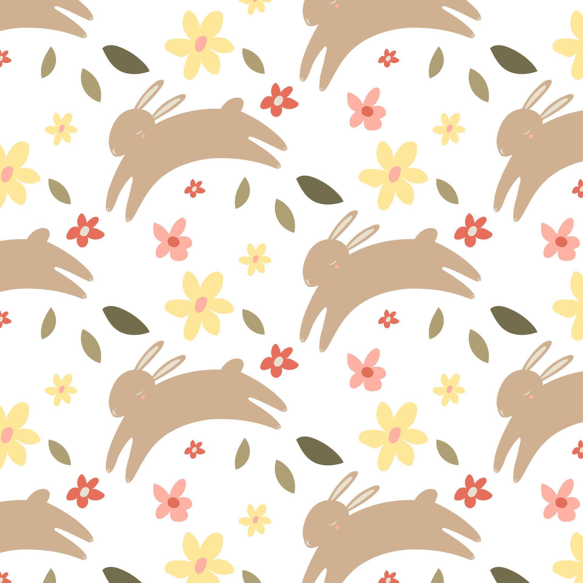 Easter seamless pattern with cute bunnies, leaves, flowers. Easter bunnies, flowers background. Vector illustration. Stock Free